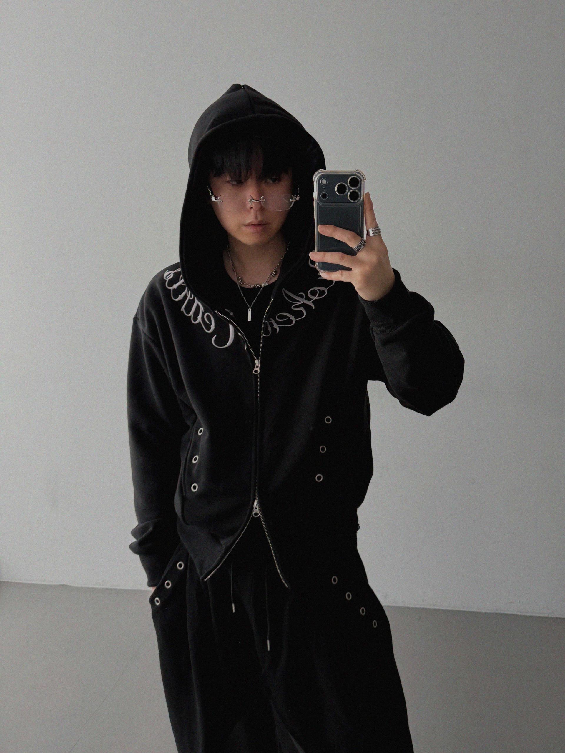 Broken eyelet crop hoodie zip-up