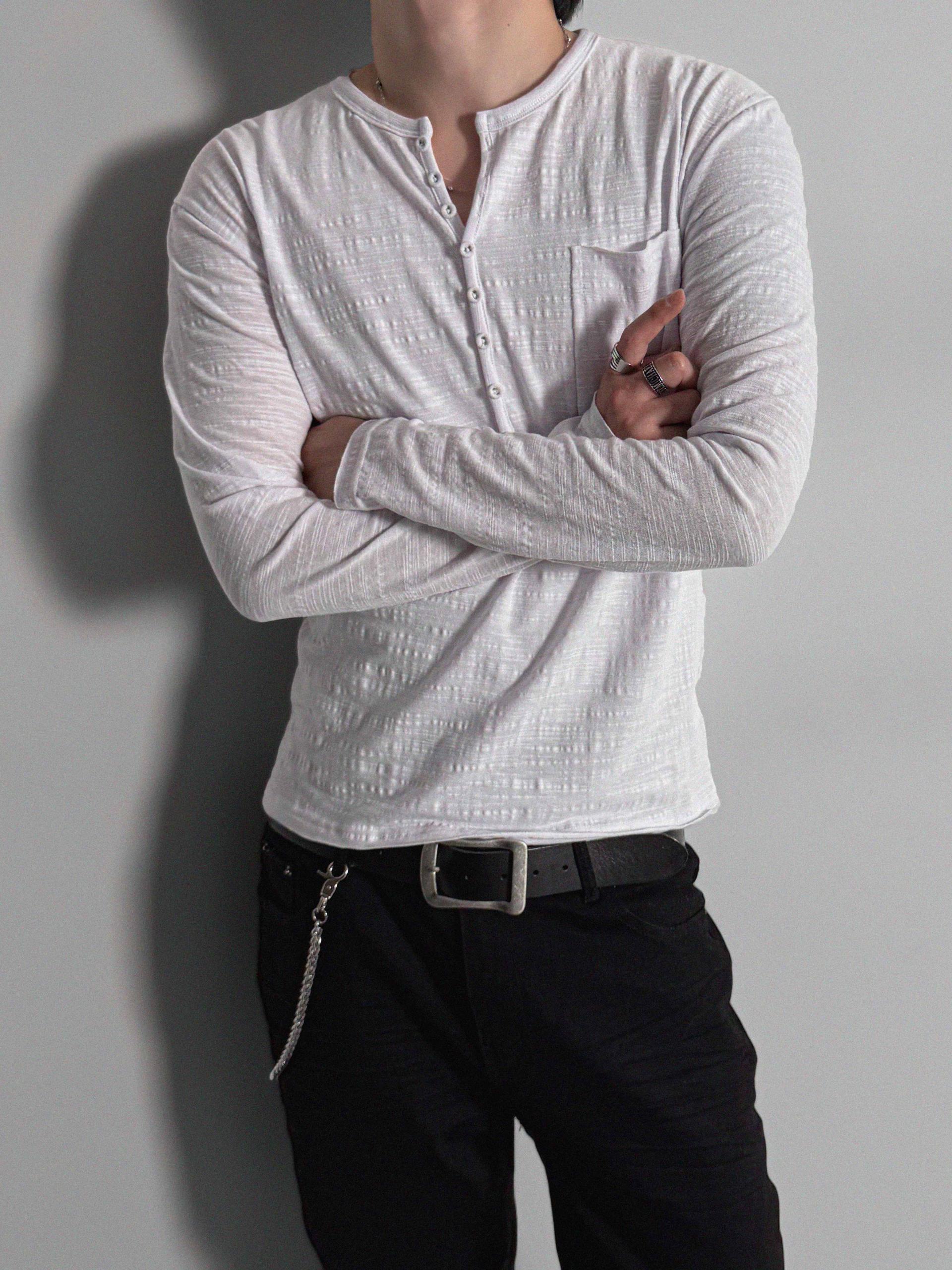 Button slub henley neck slim t
