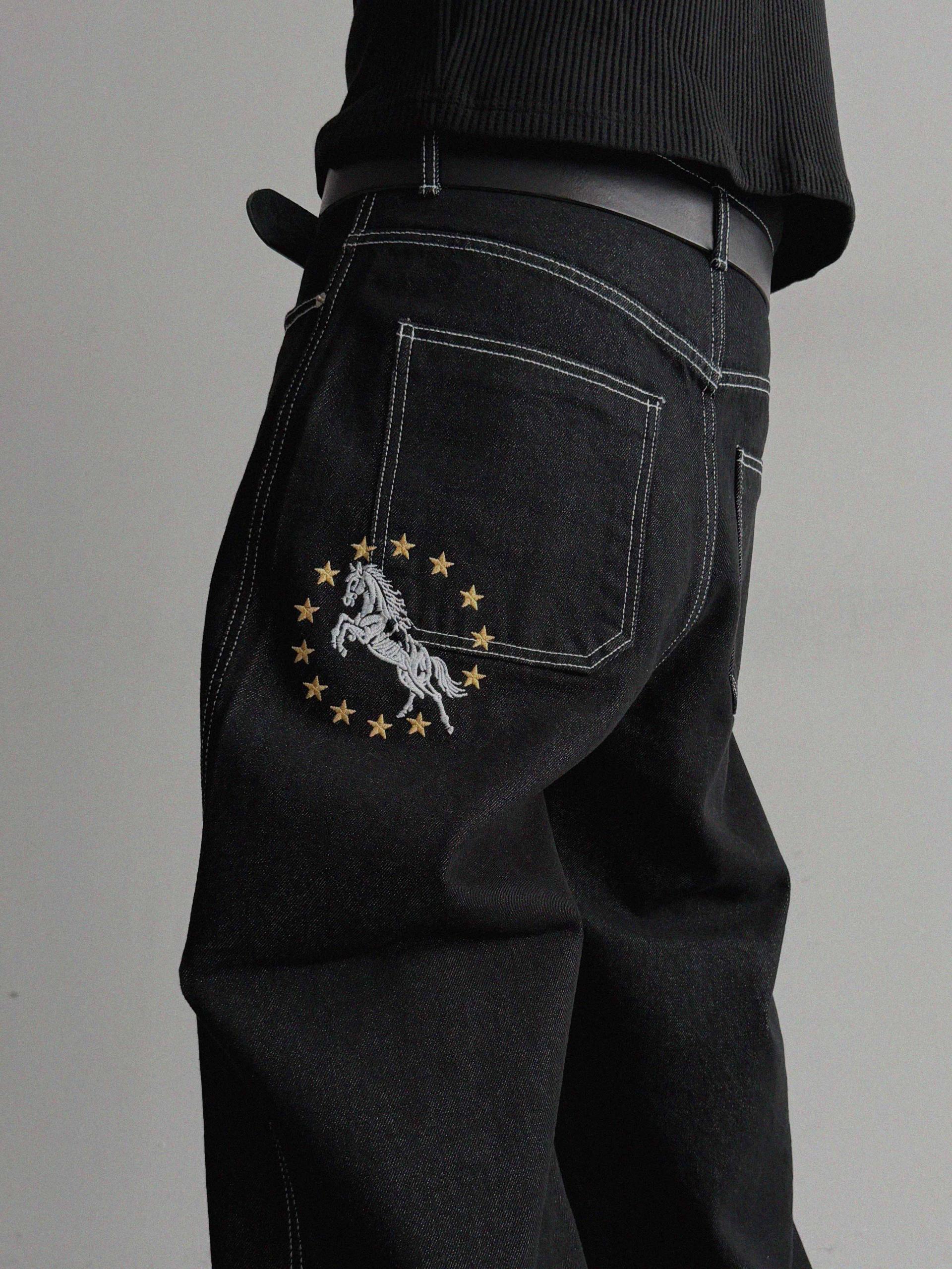 Horse non-fade embroidered denim pants