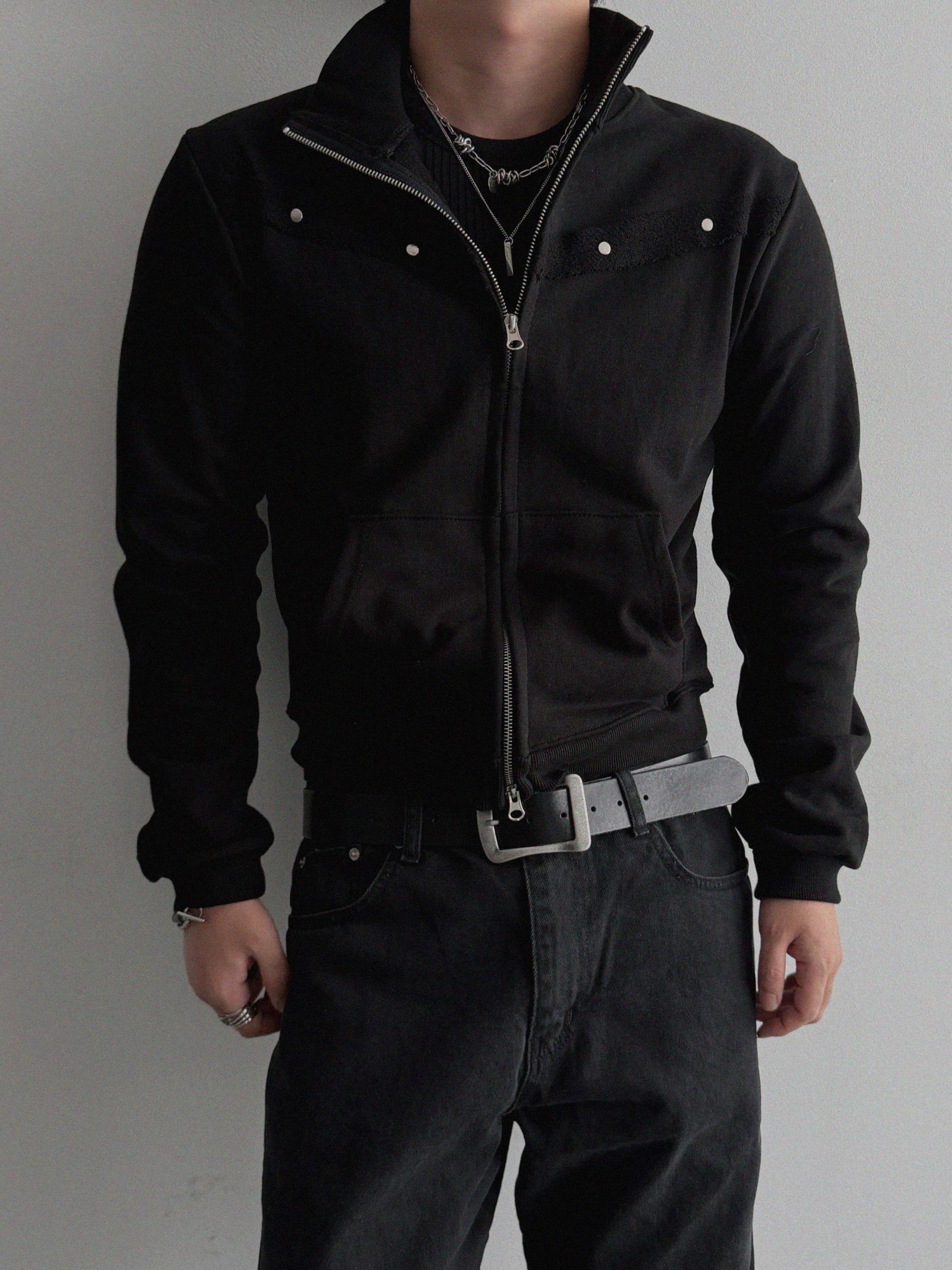 Fringe rivet slim high neck zip-up