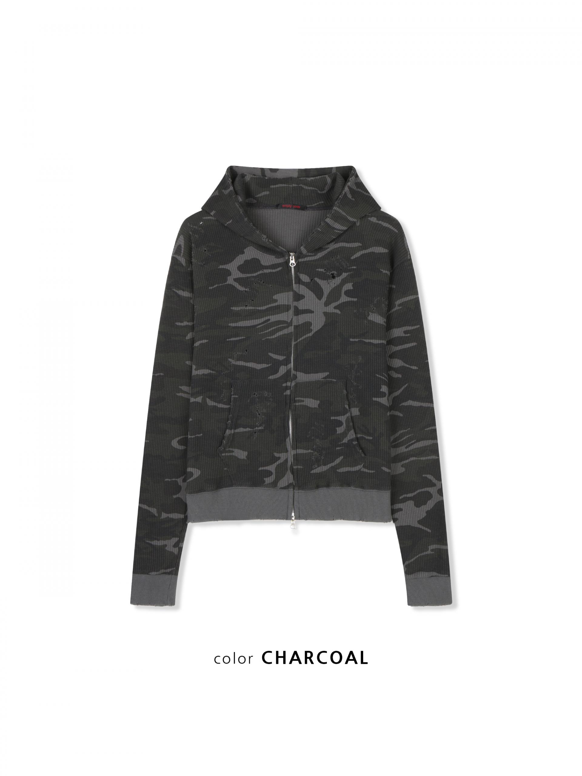 Destroyed camo crop hood zip-up