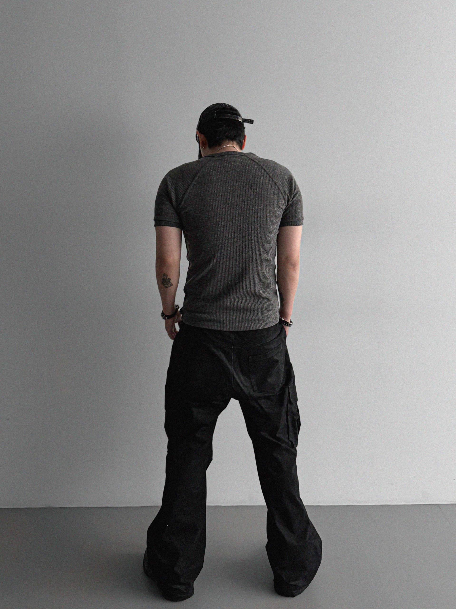 Fold ribbed henley neck muscle half t