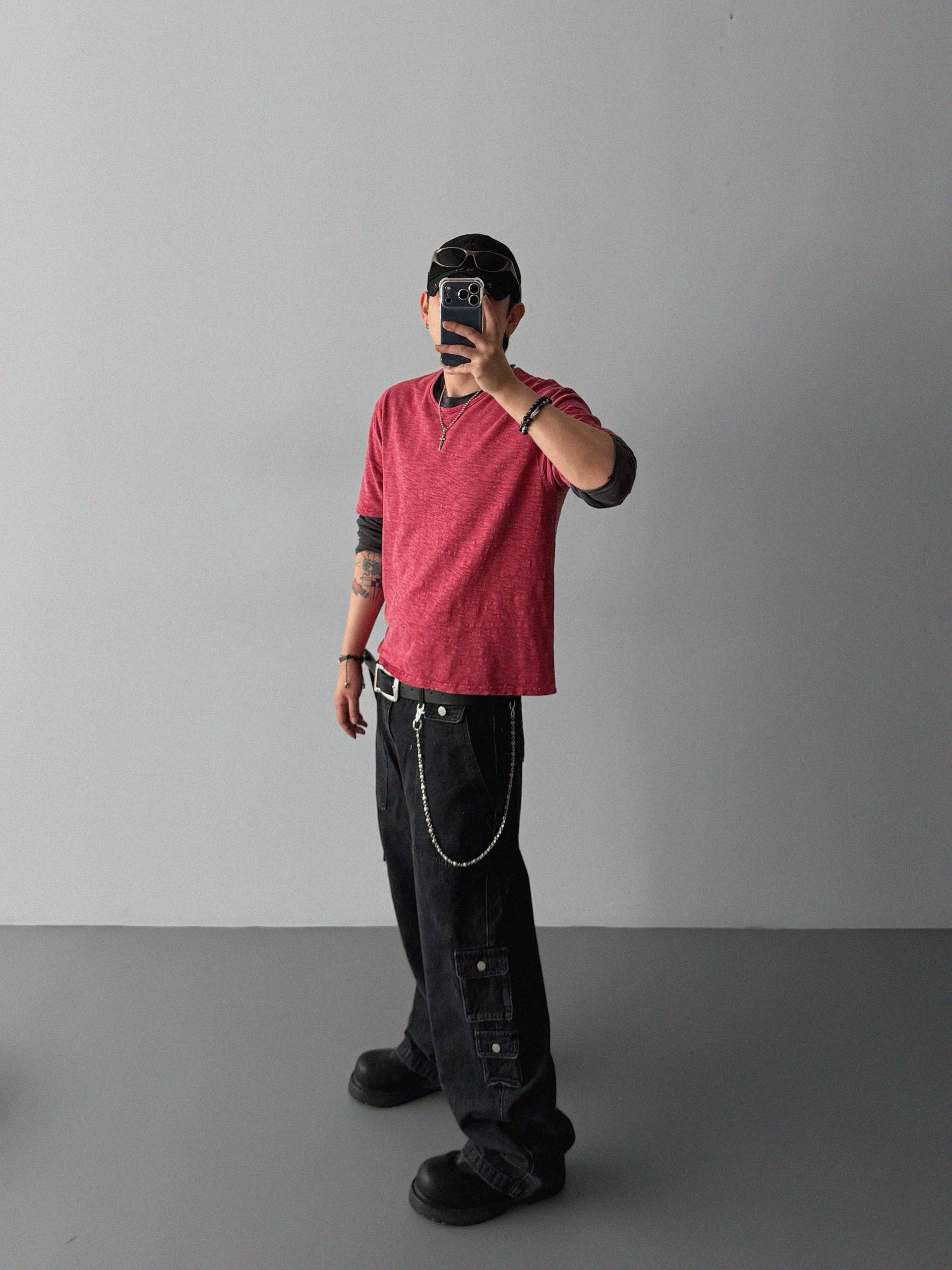 Unbalanced cargo denim pants
