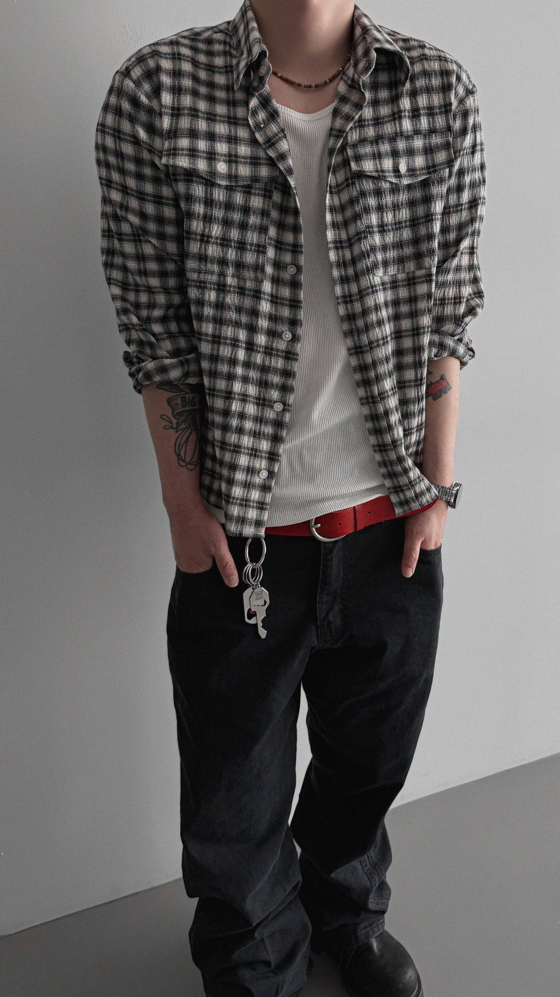 Linen two pocket crop check shirt