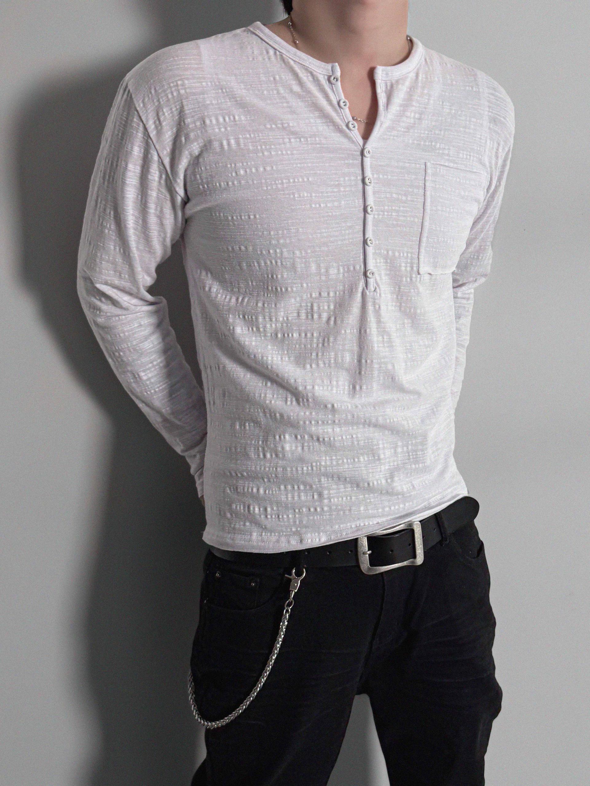 Button slub henley neck slim t