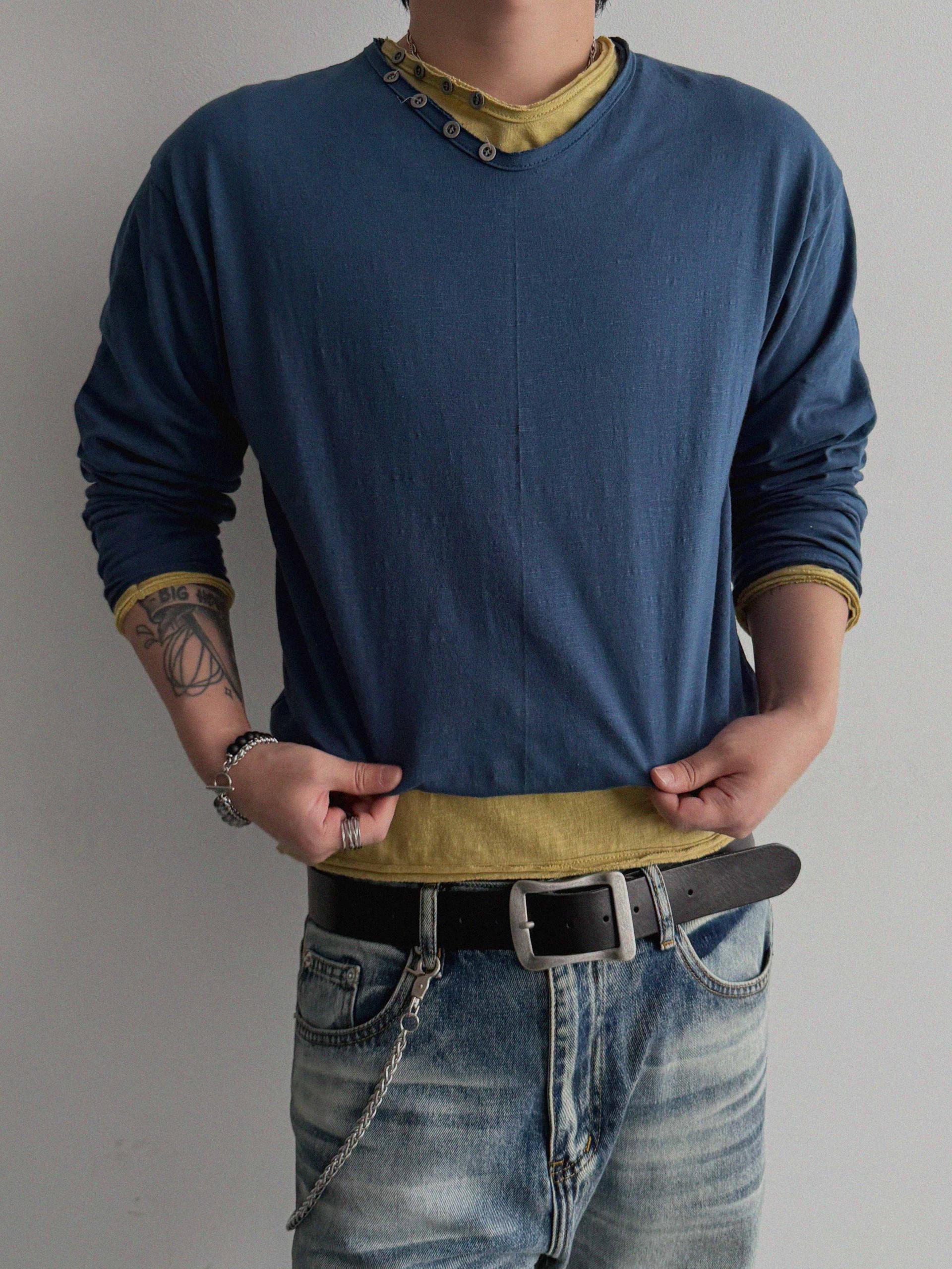 Button v-neck slub cutting crop t