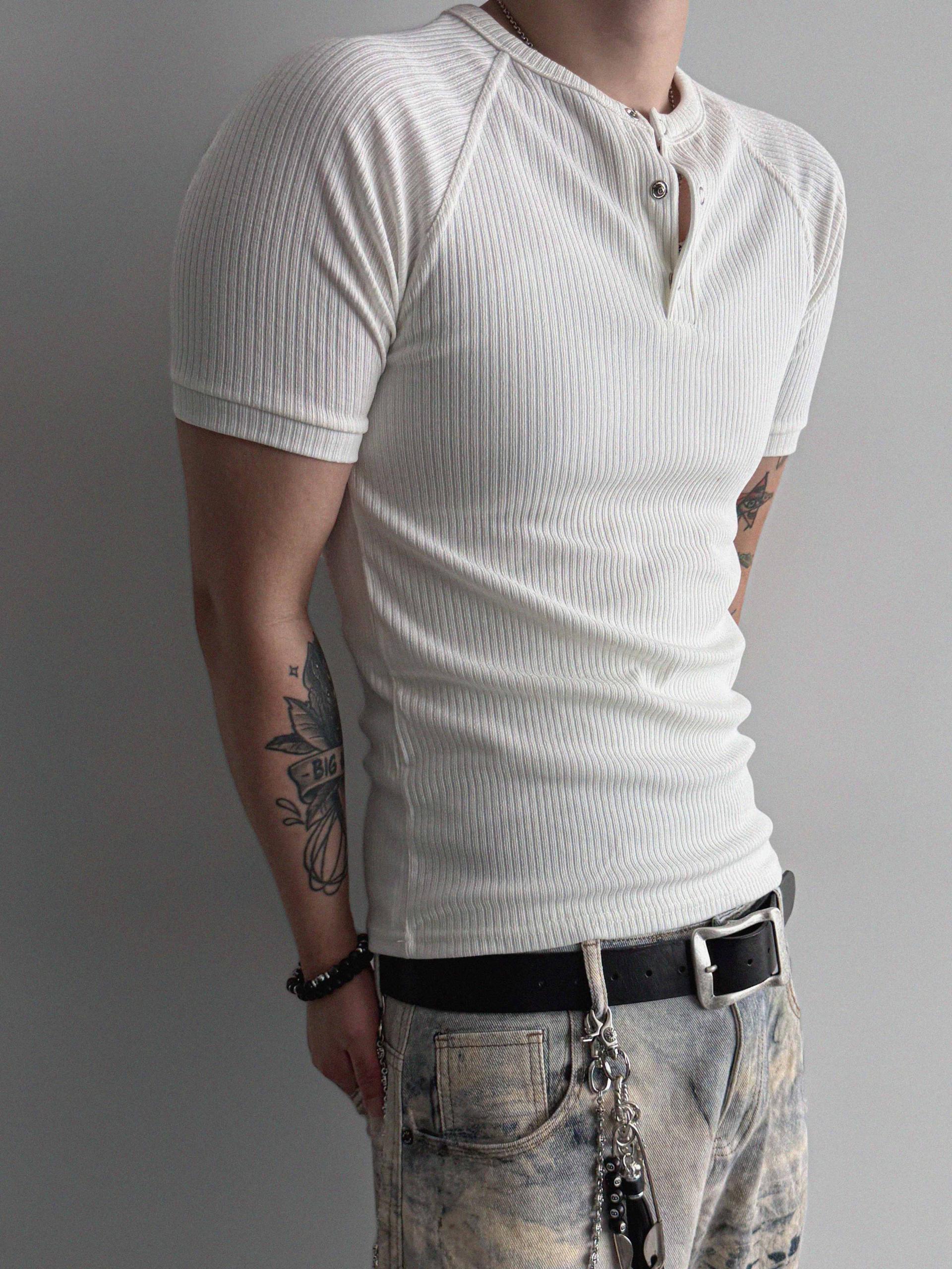 Fold ribbed henley neck muscle half t