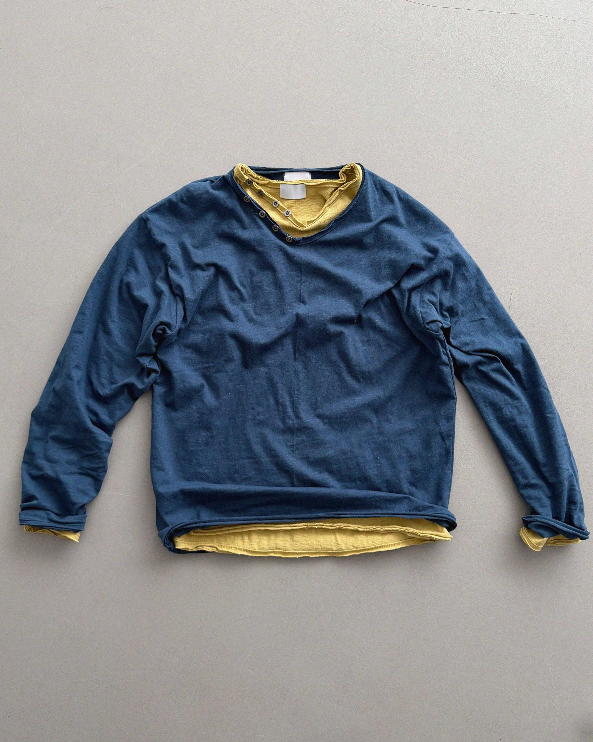 Button v-neck slub cutting crop t