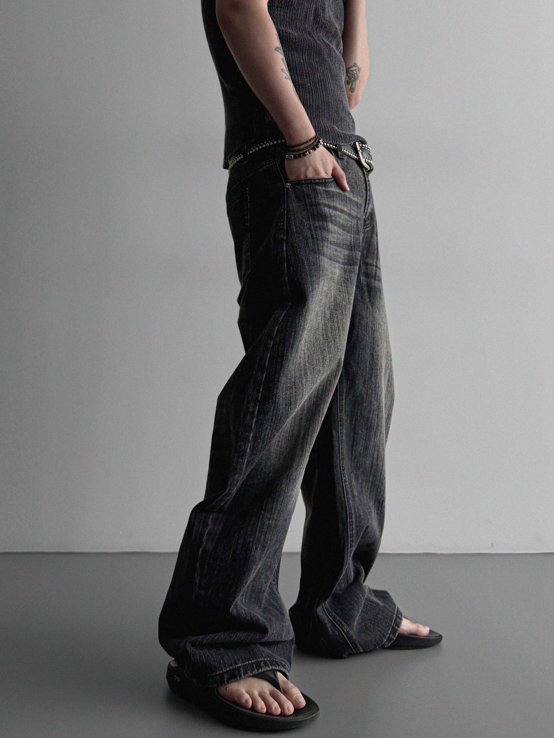 Striped washed curved denim pants