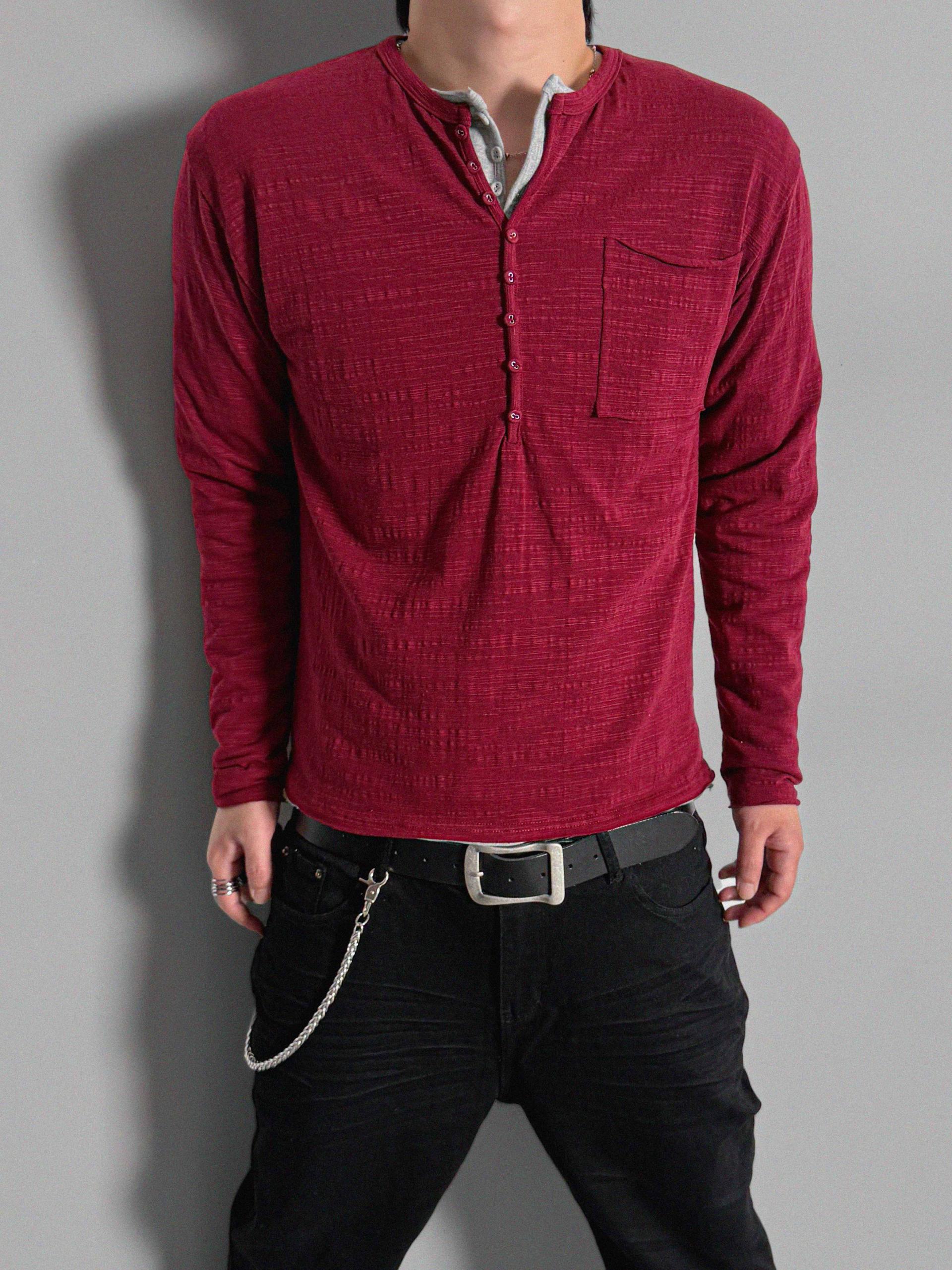 Button slub henley neck slim t