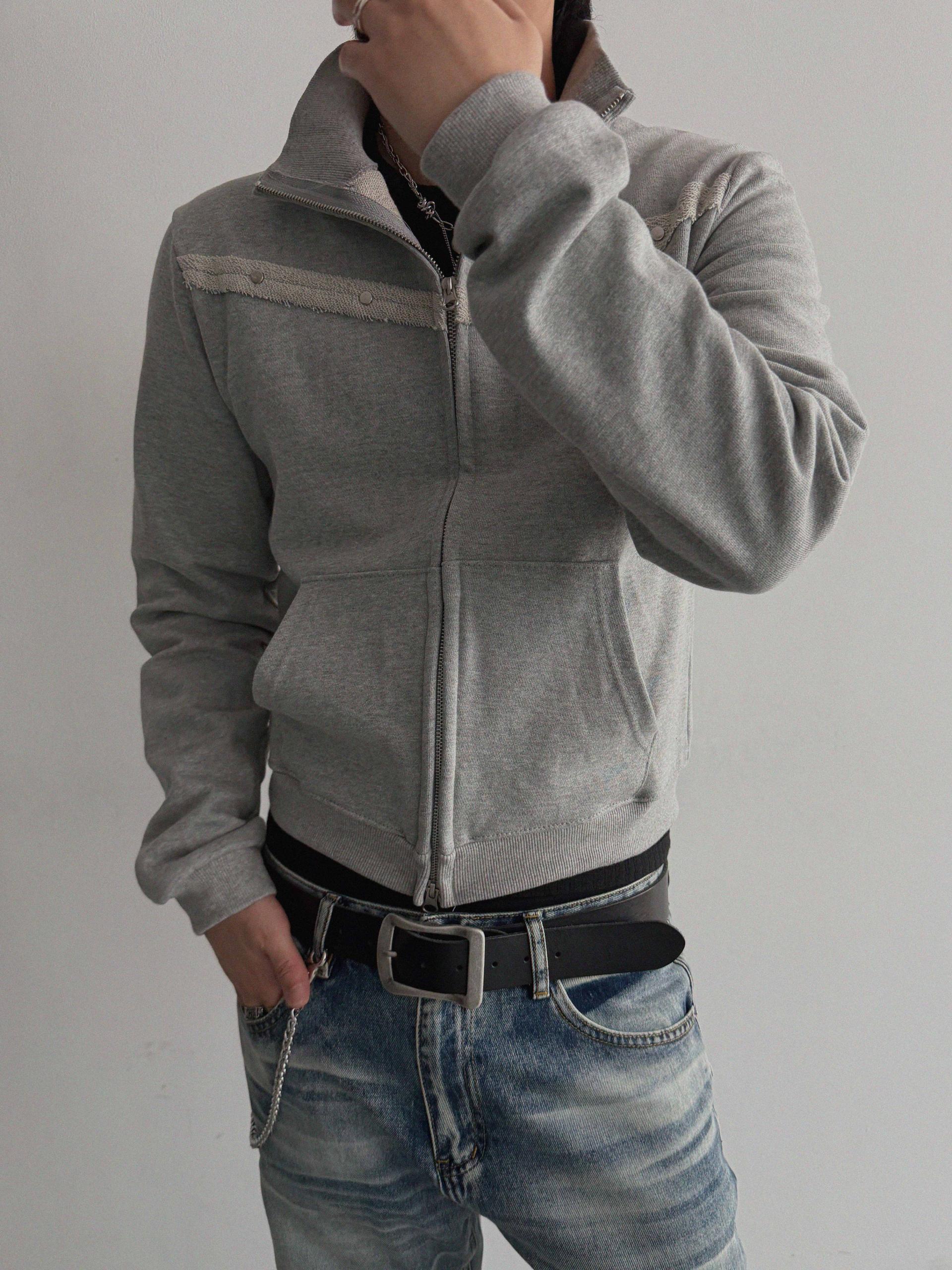 Fringe rivet slim high neck zip-up