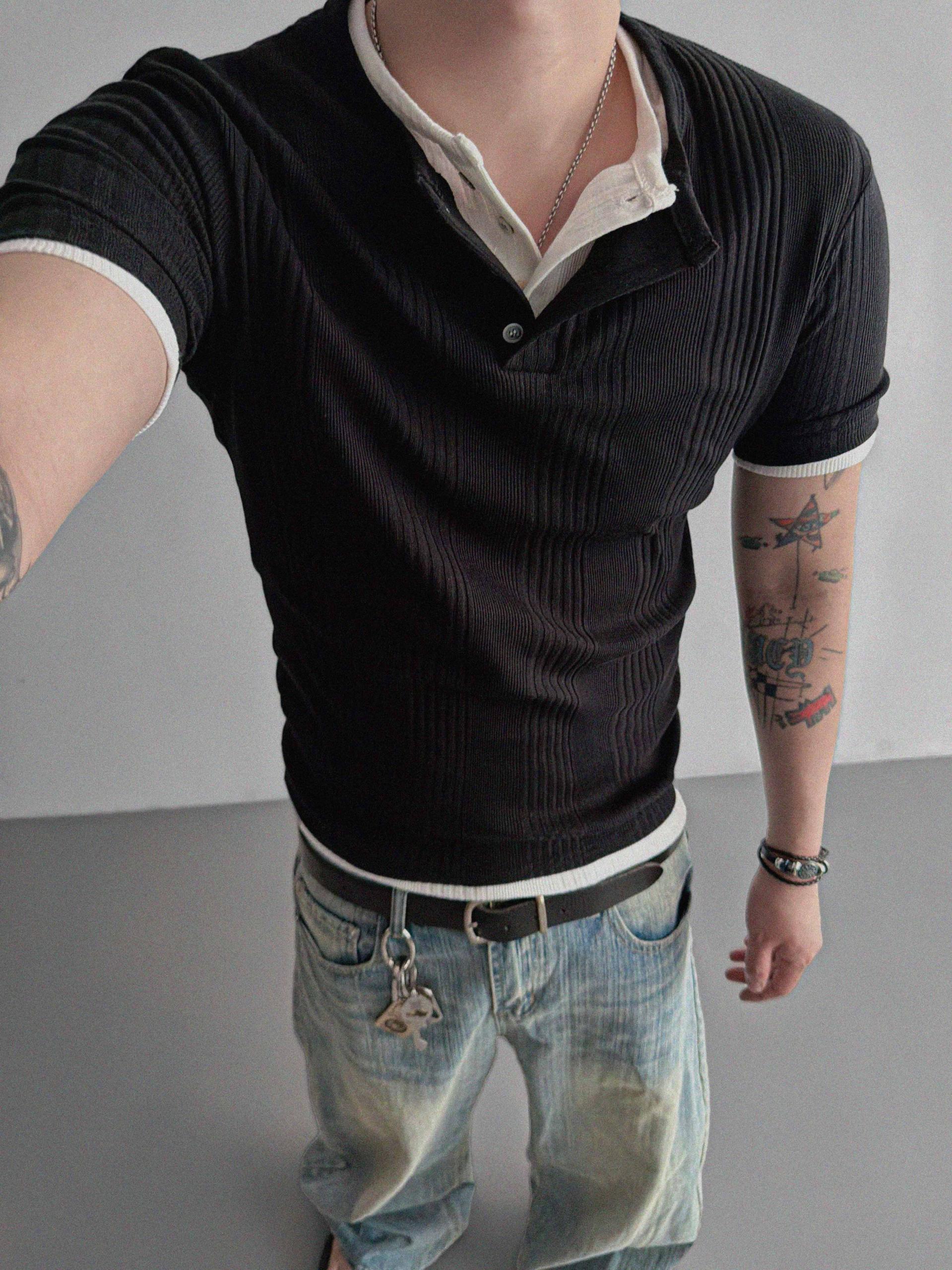 Terrace henley ceck slim half T