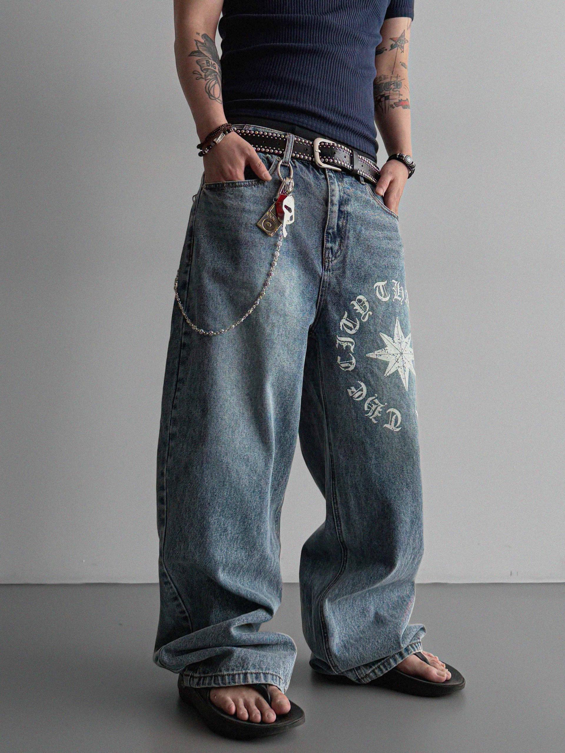 Star lettering curved denim pants