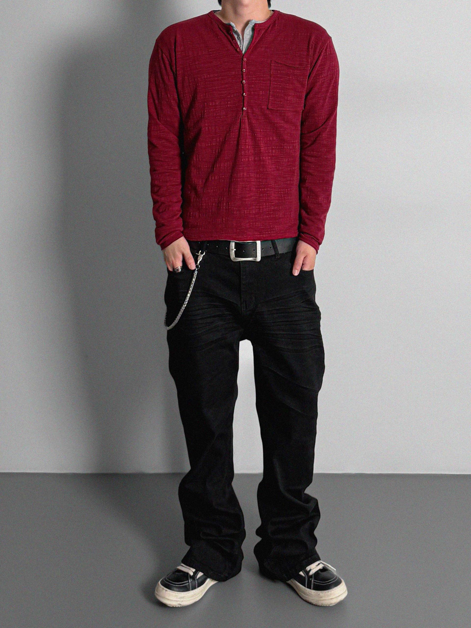 Button slub henley neck slim t