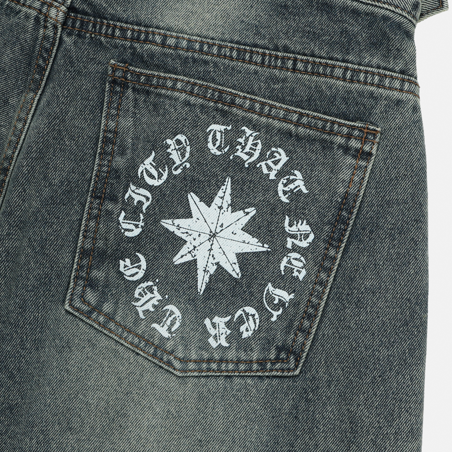 Star lettering curved denim pants
