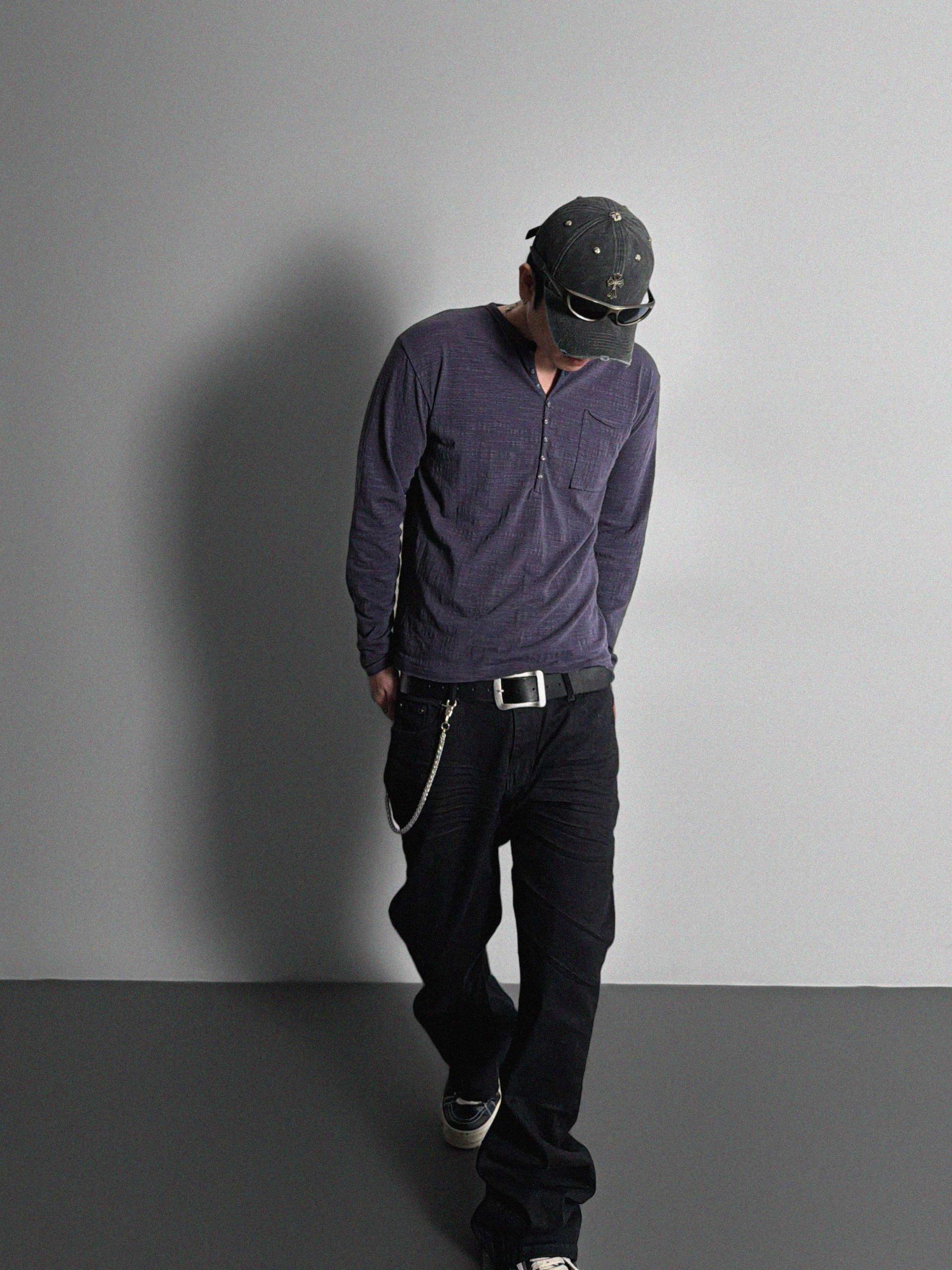 Button slub henley neck slim t