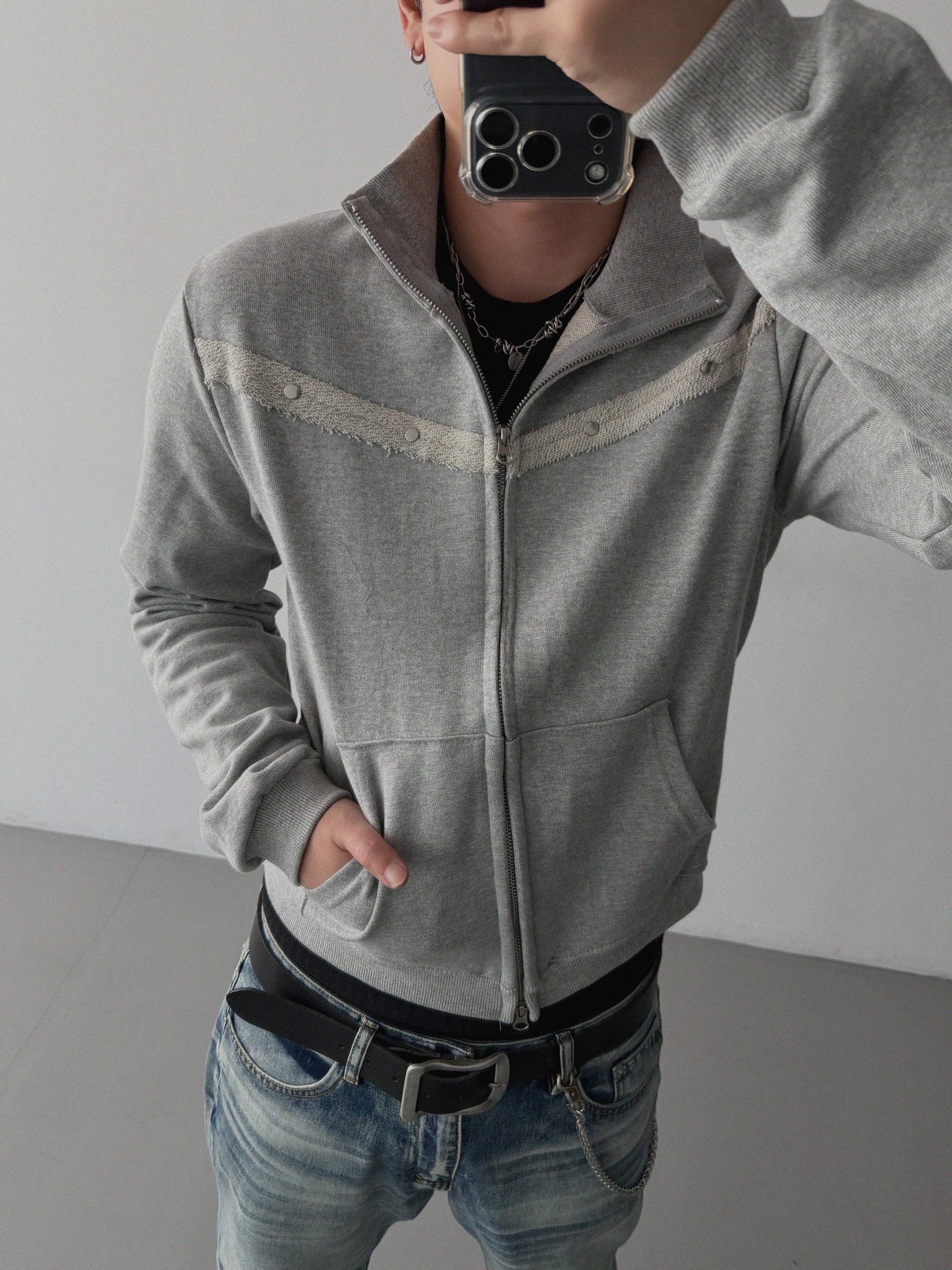 Fringe rivet slim high neck zip-up