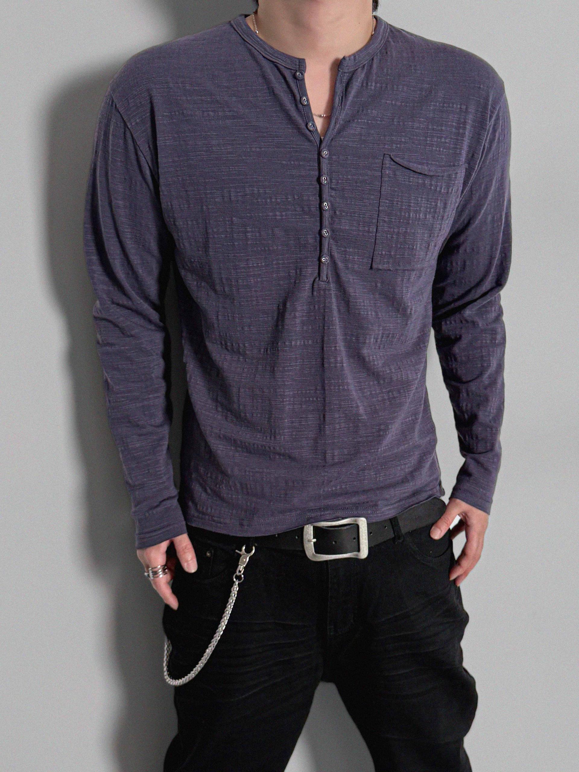 Button slub henley neck slim t