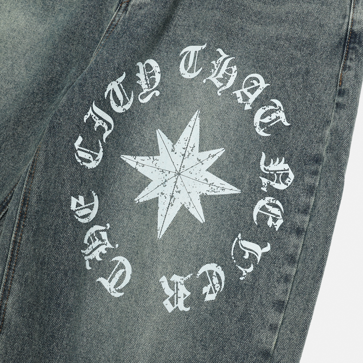 Star lettering curved denim pants