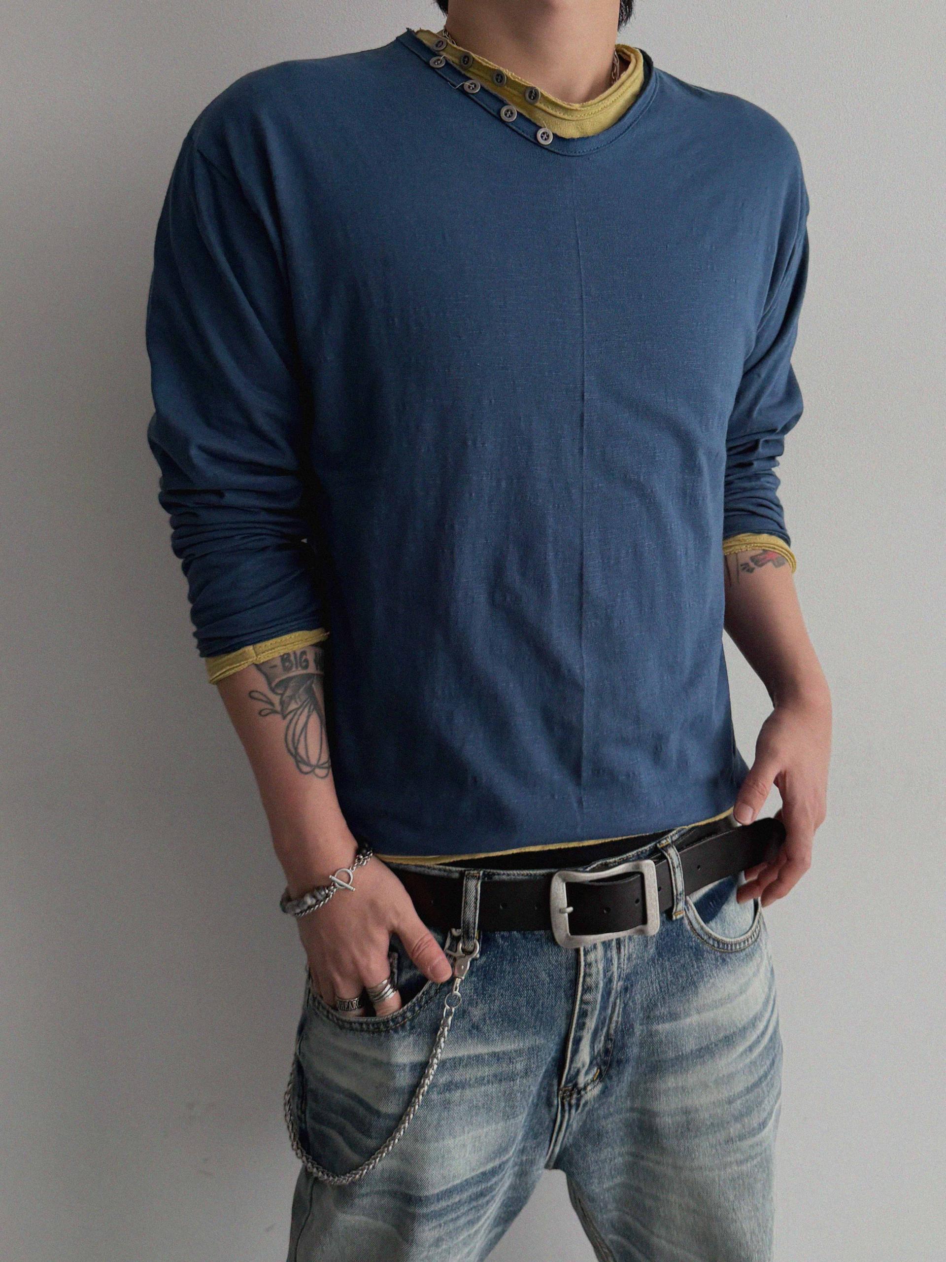 Button v-neck slub cutting crop t