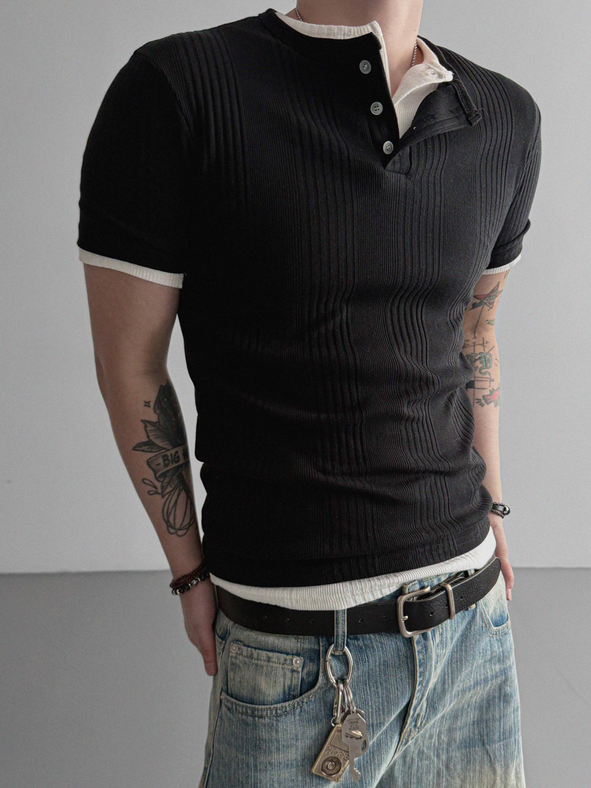 Terrace henley ceck slim half T
