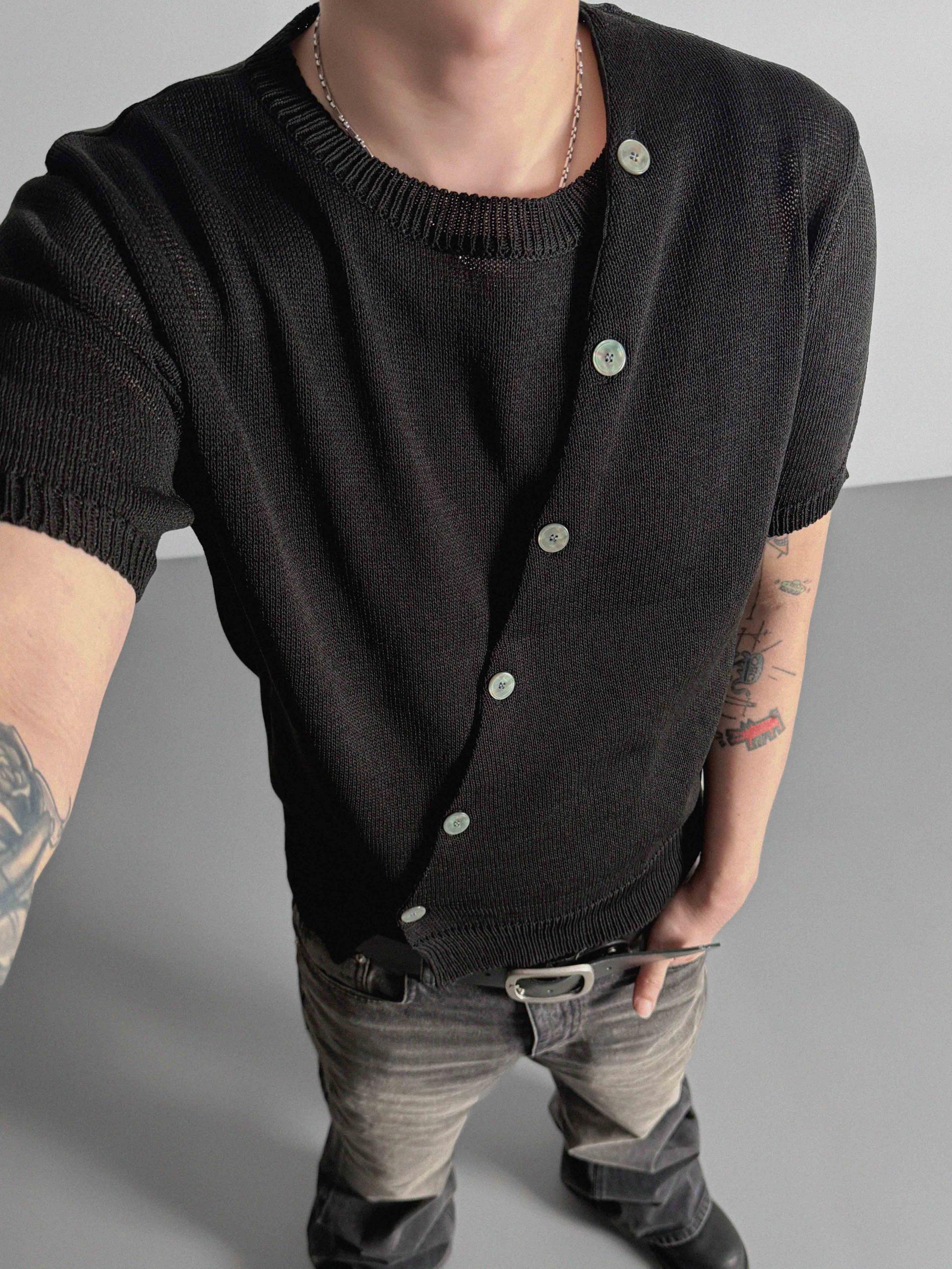 Slit button linen knit