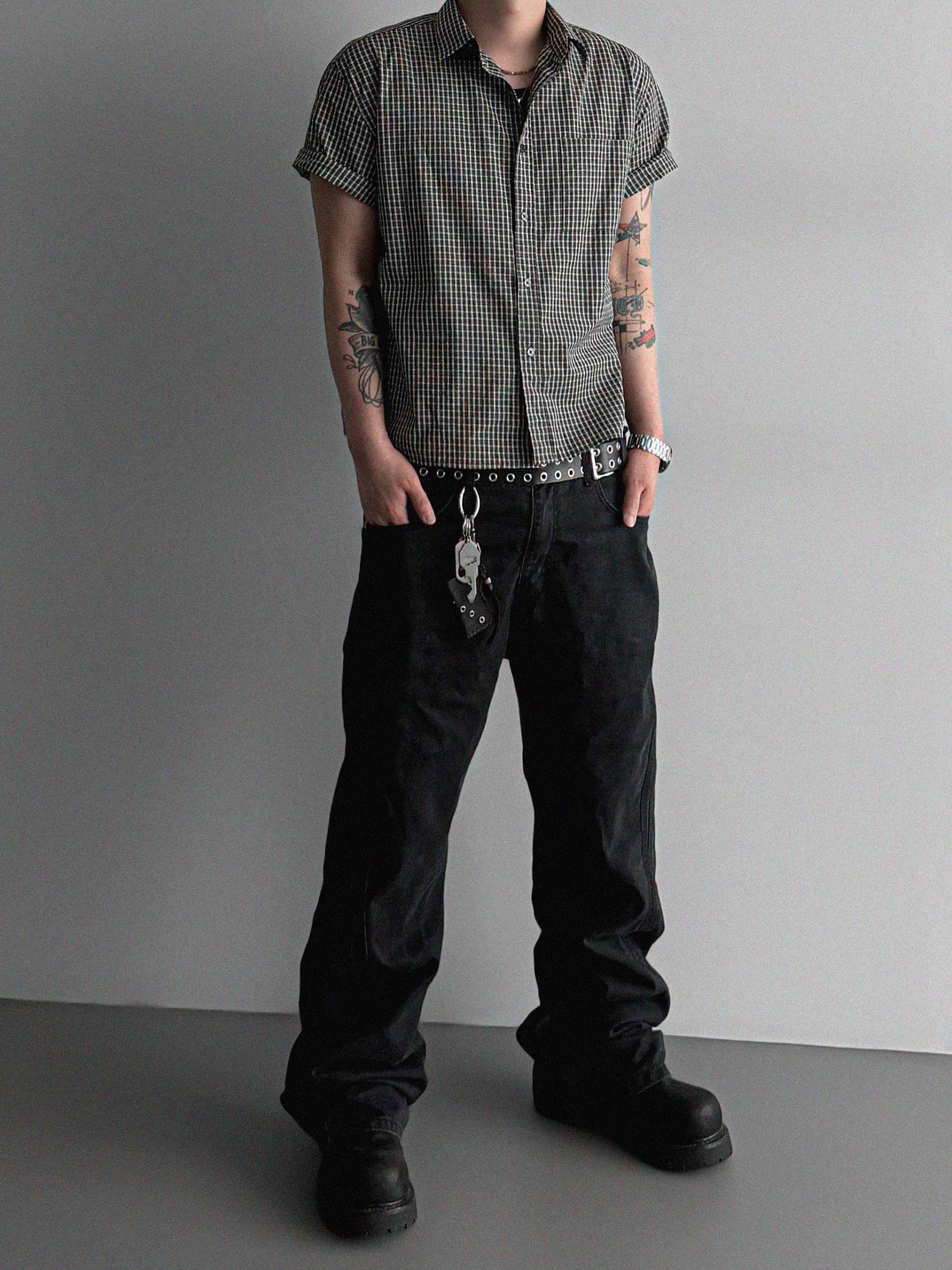 Grid check crop half shirt