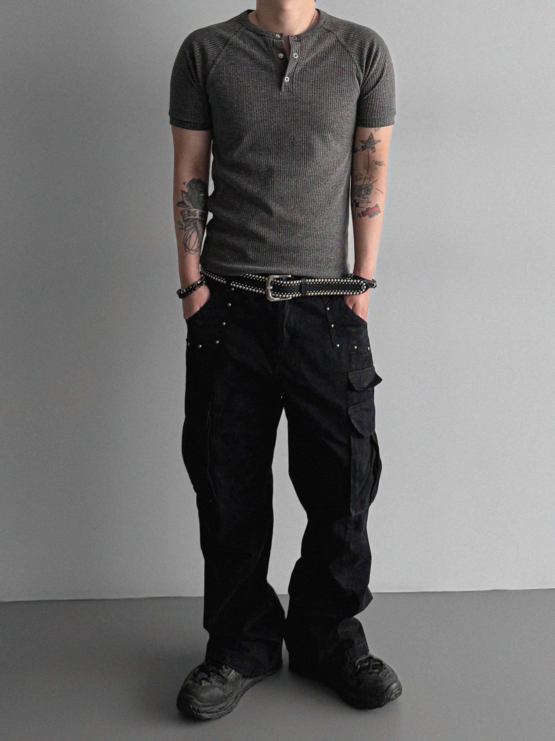 Fold ribbed henley neck muscle half t