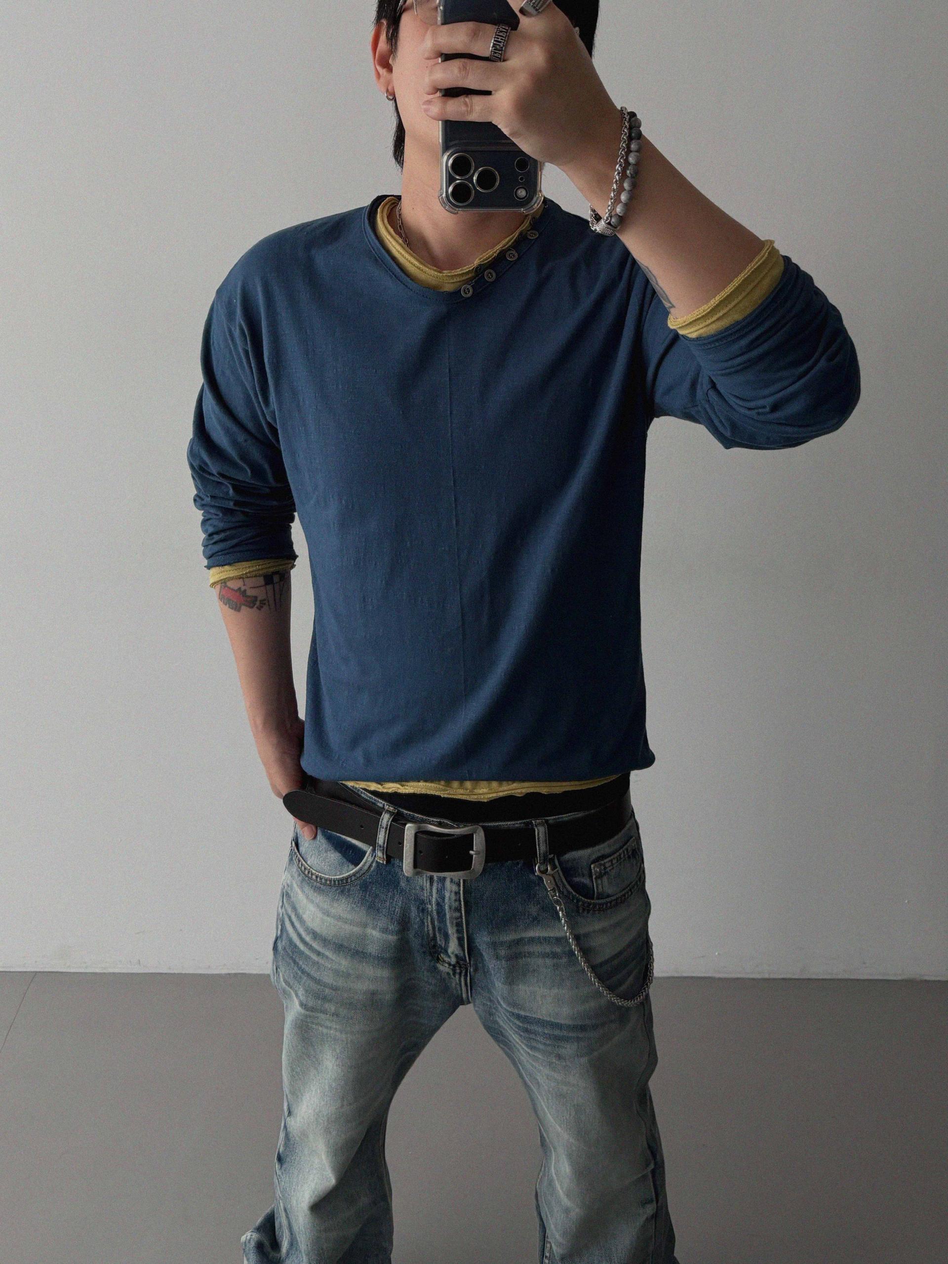 Button v-neck slub cutting crop t