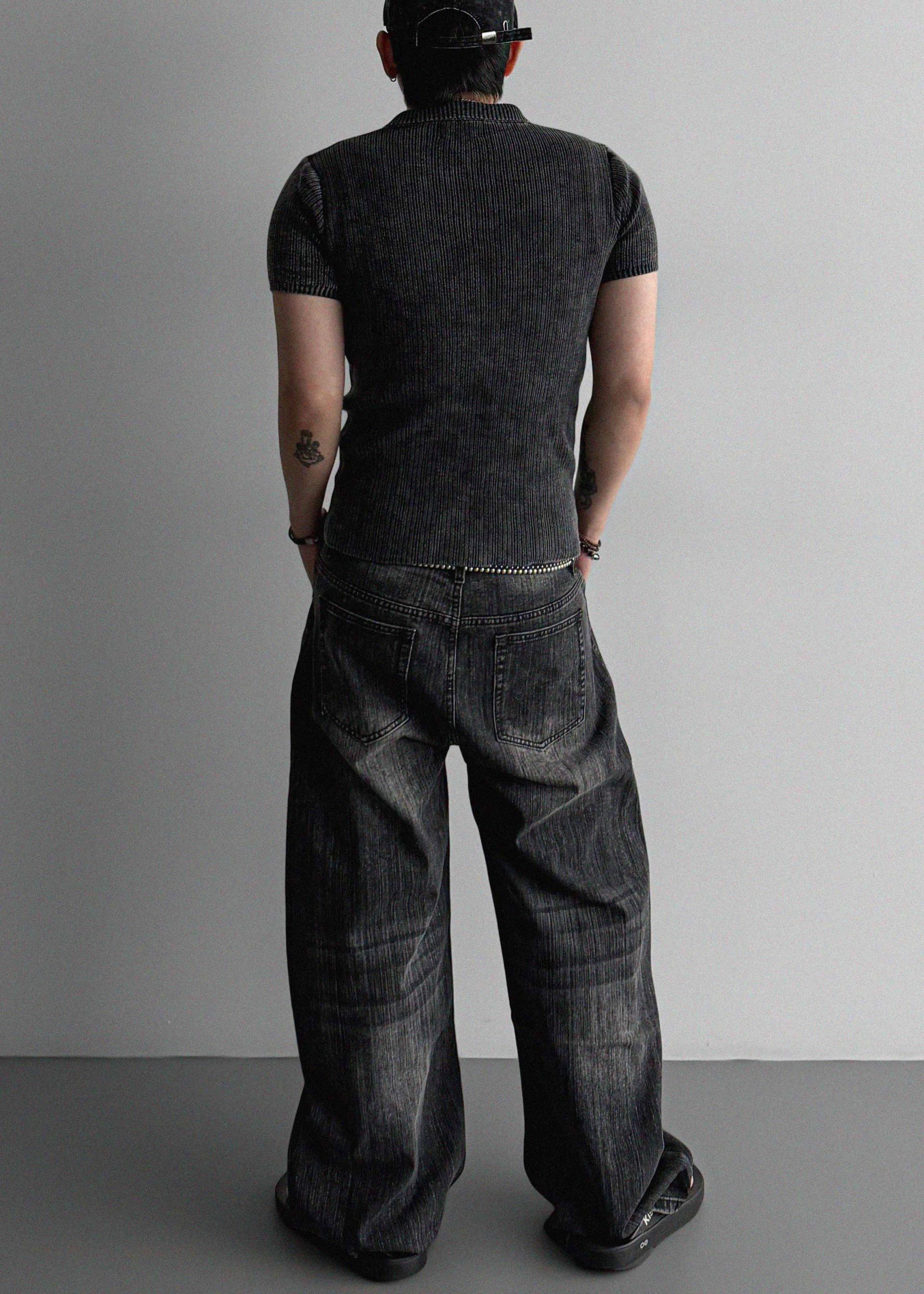 Striped washed curved denim pants