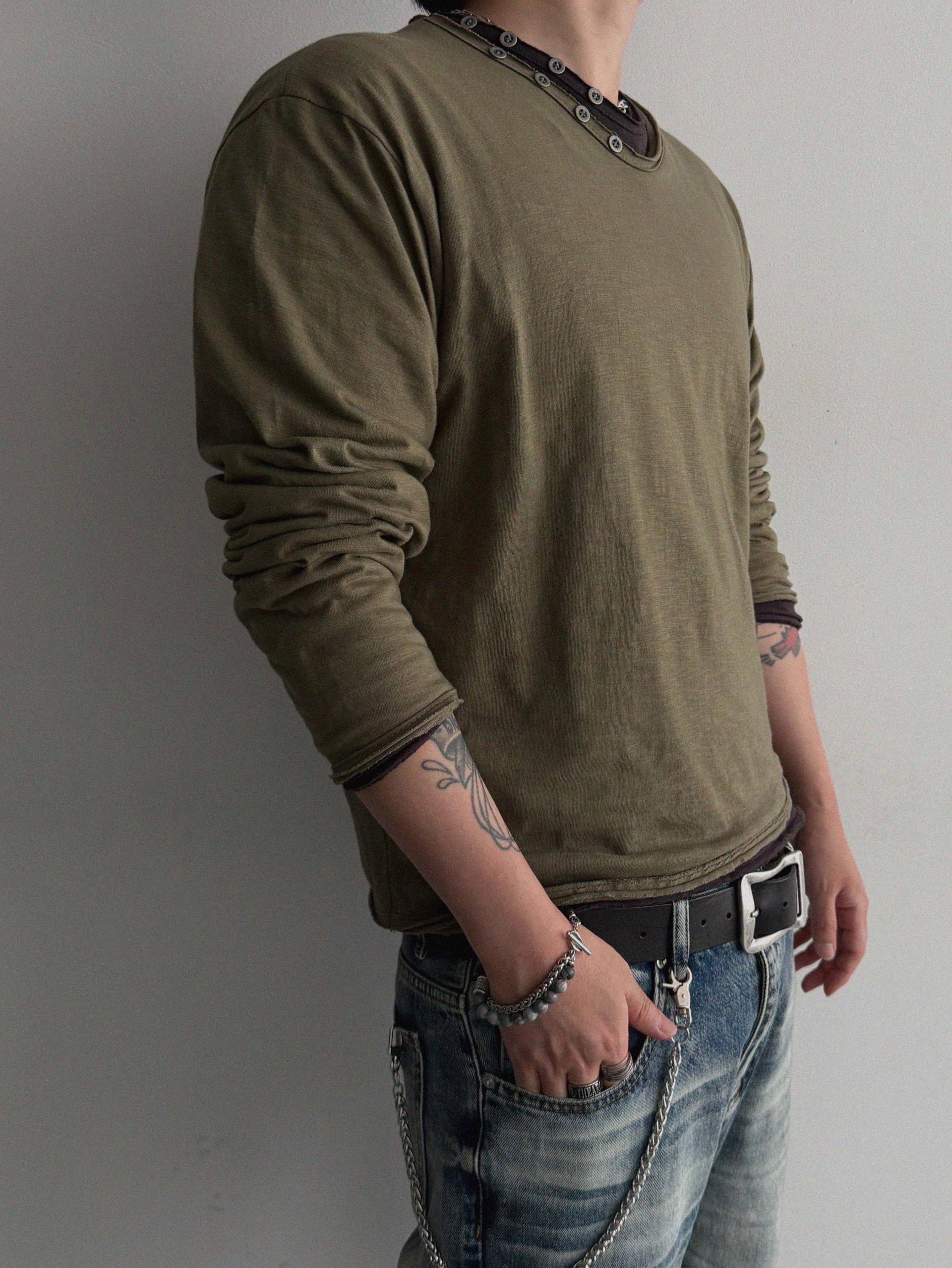 Button v-neck slub cutting crop t