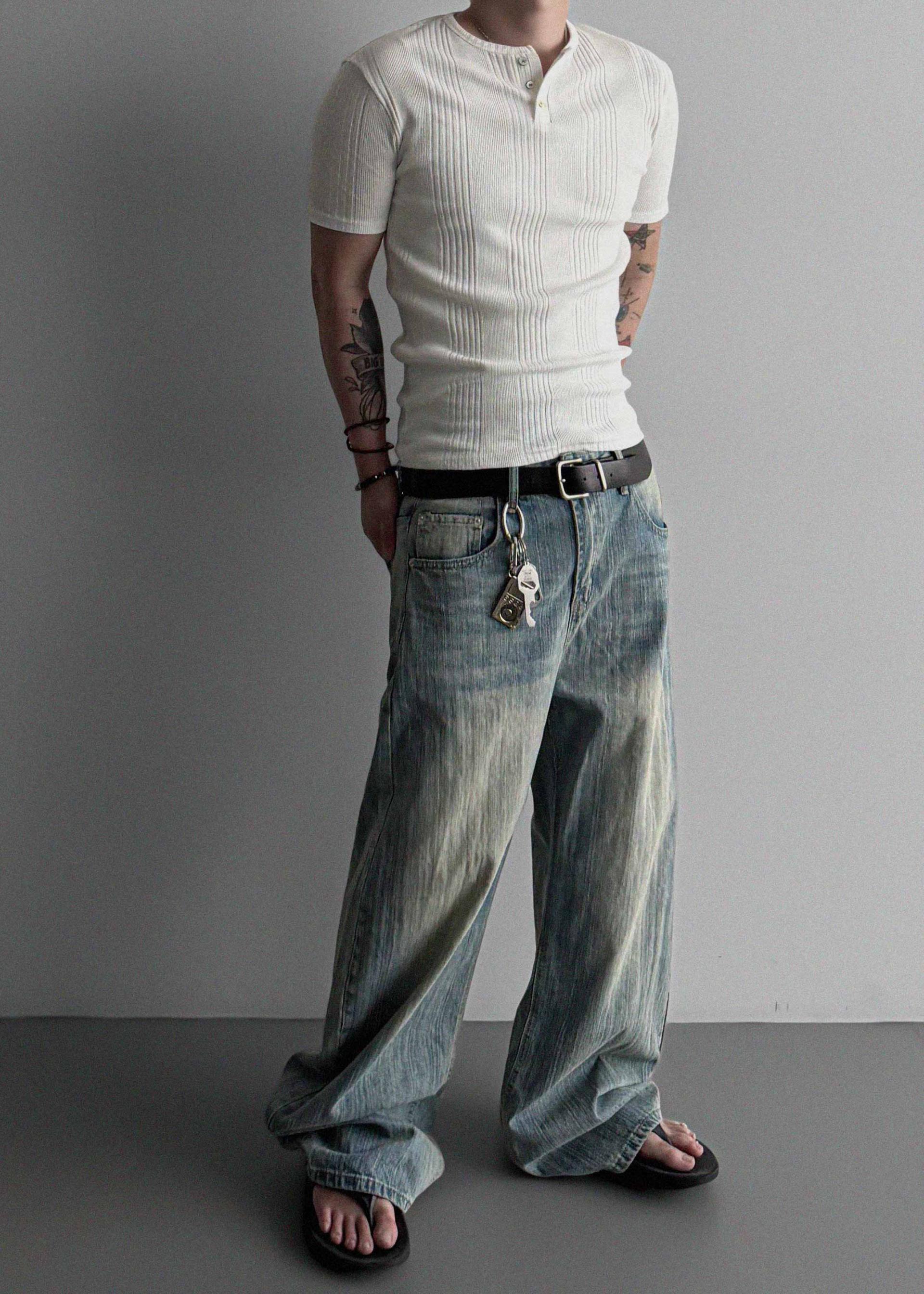 Terrace henley ceck slim half T