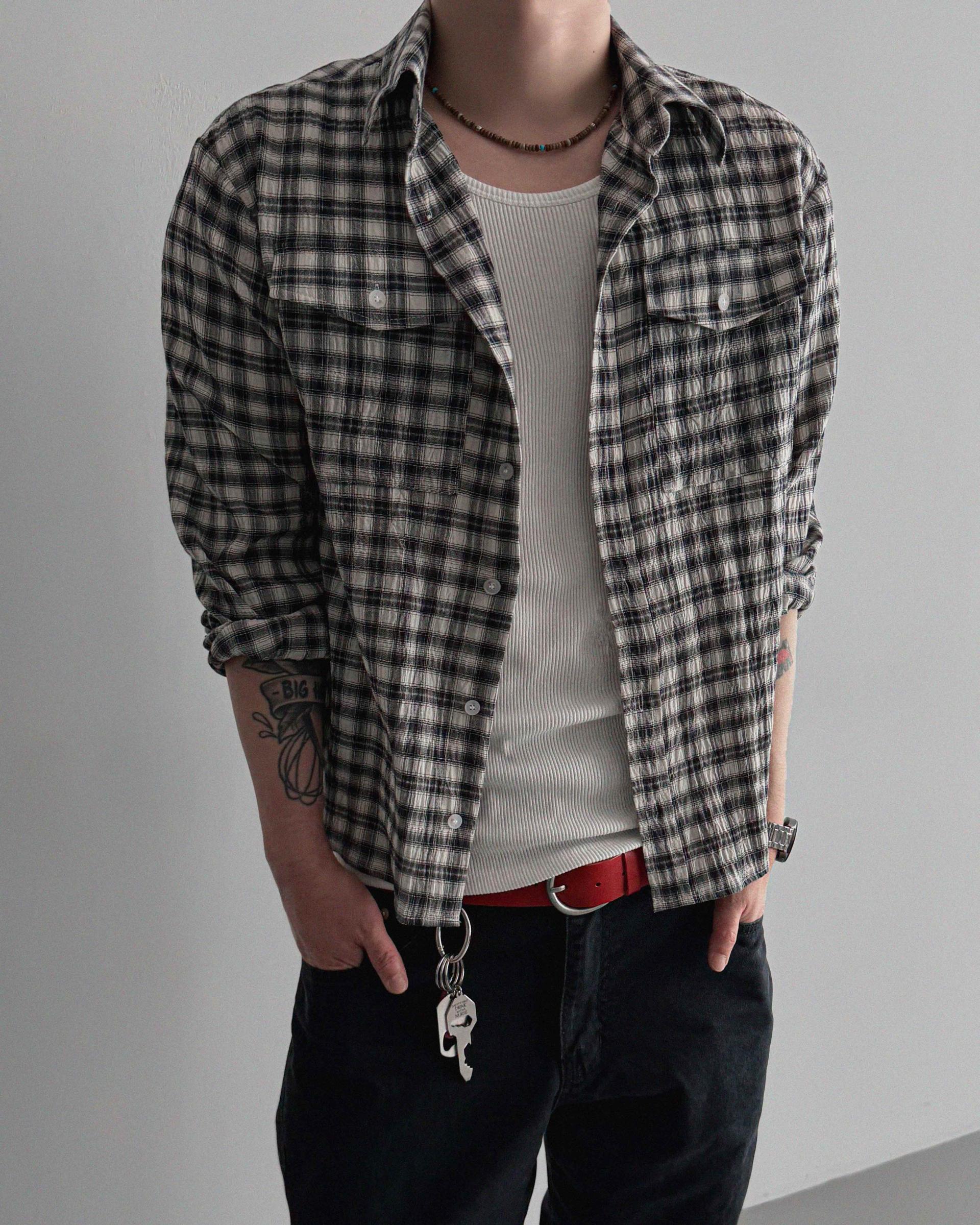 Linen two pocket crop check shirt