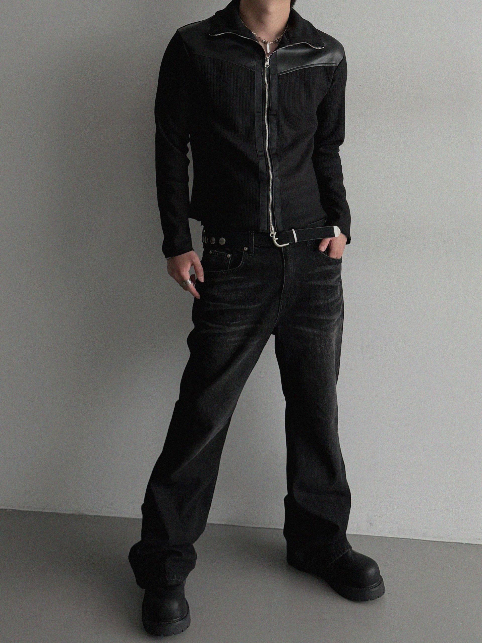 Shadow leather panel knit zip-up