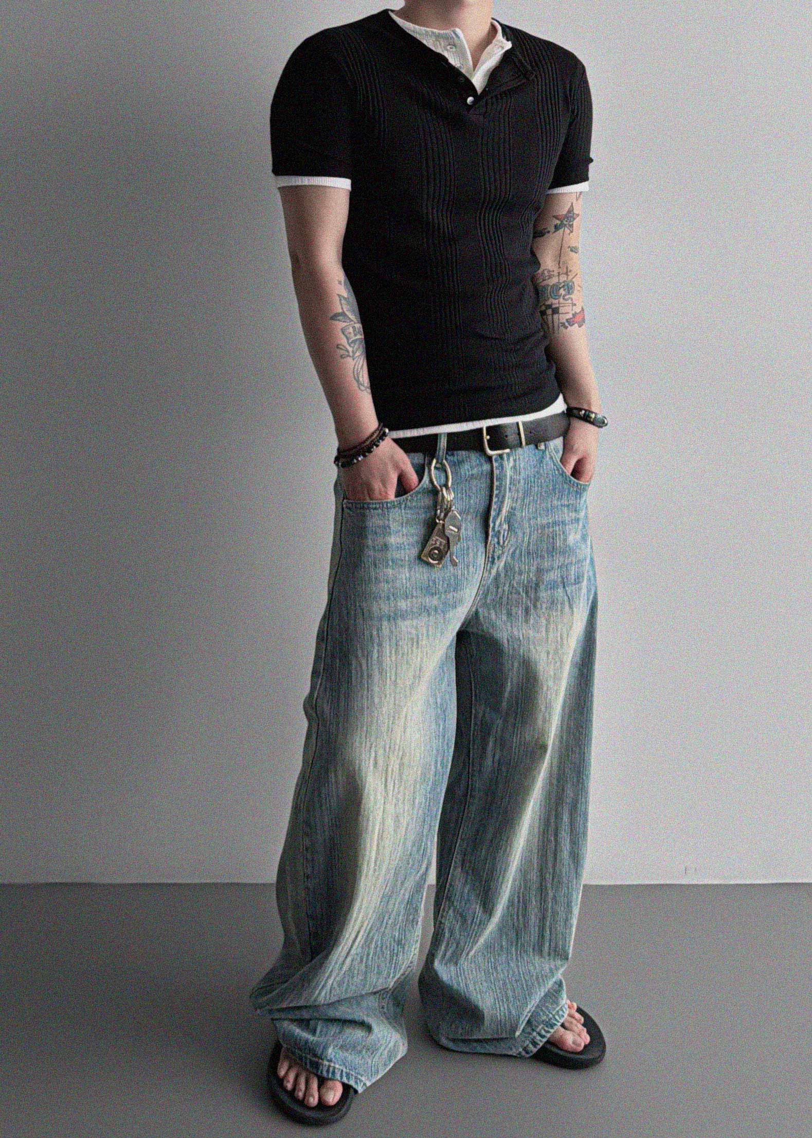 Terrace henley ceck slim half T