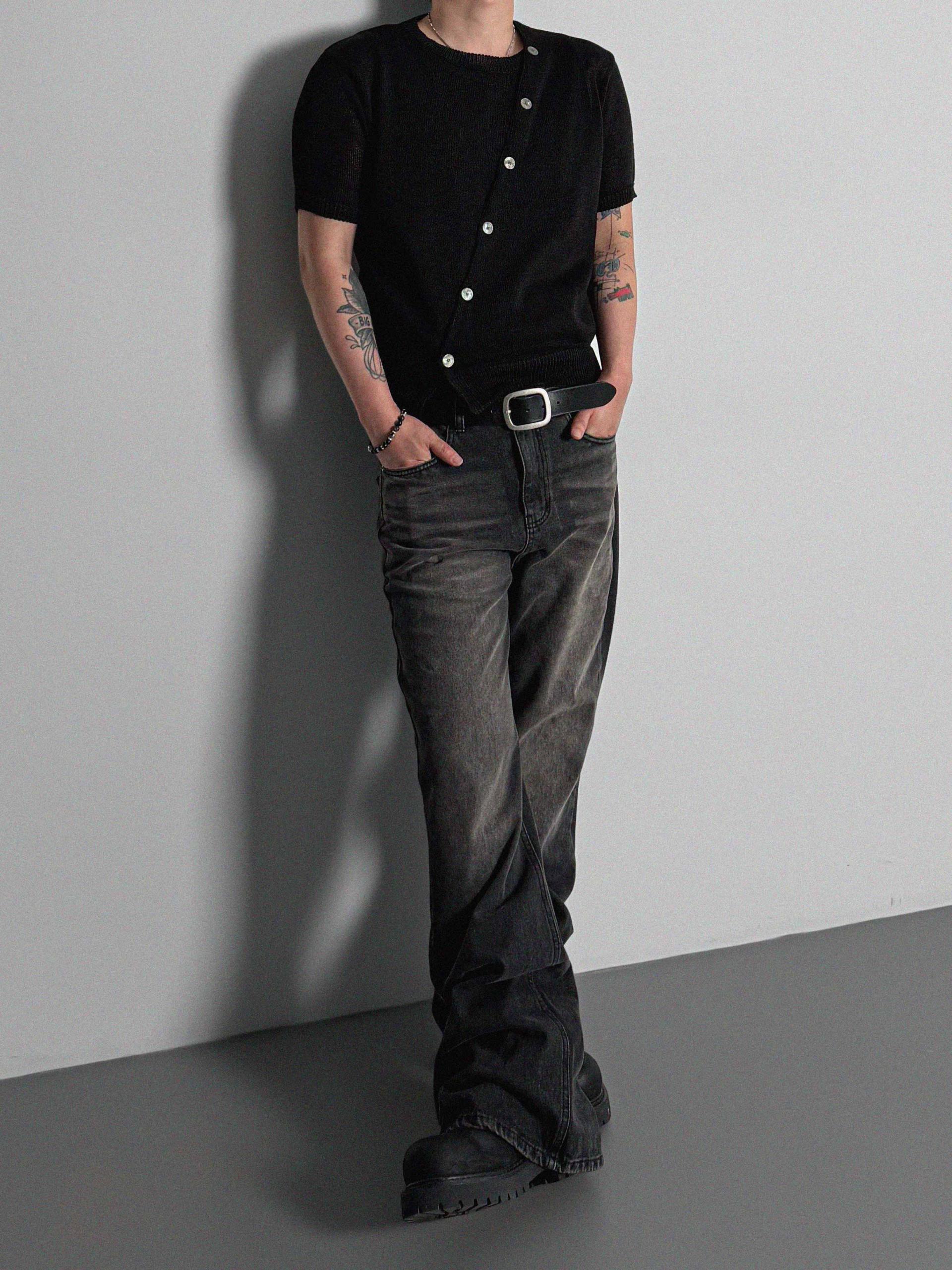 Slit button linen knit