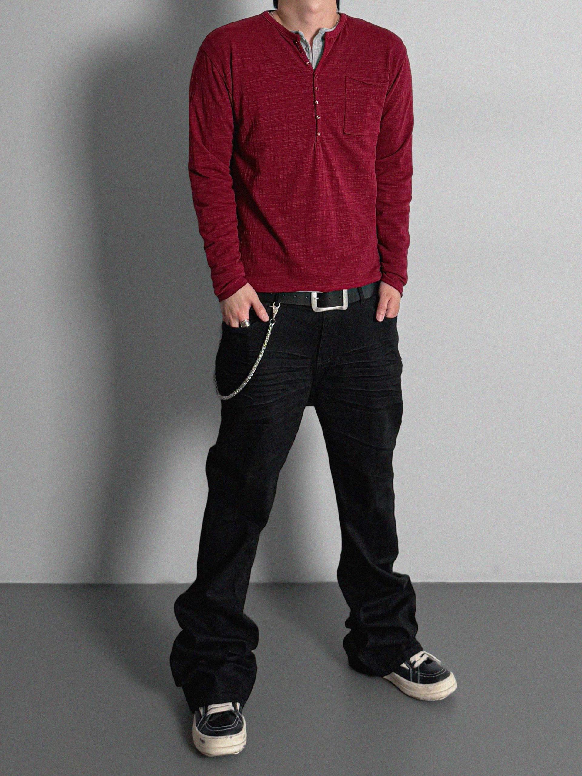 Button slub henley neck slim t