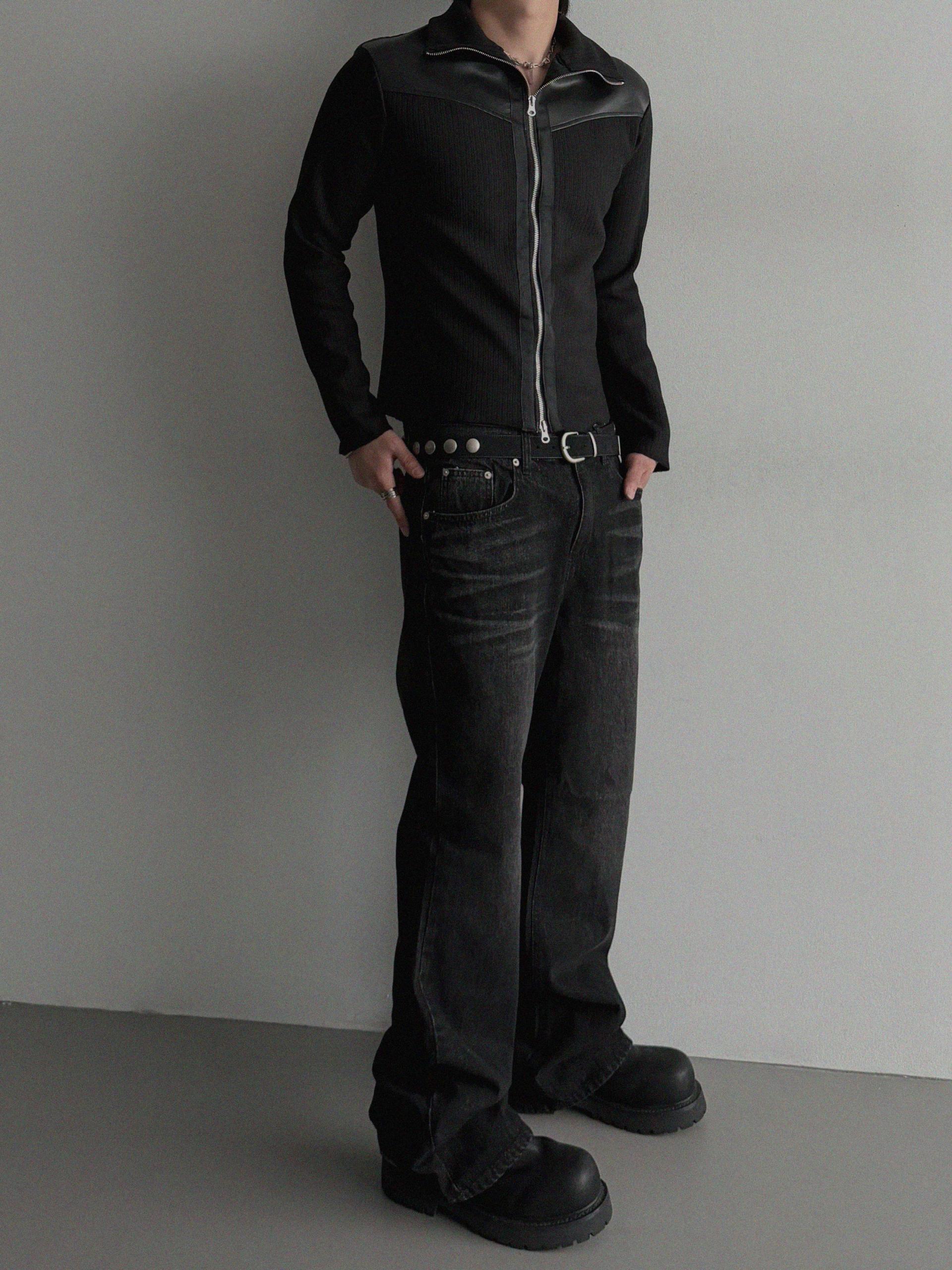 Shadow leather panel knit zip-up