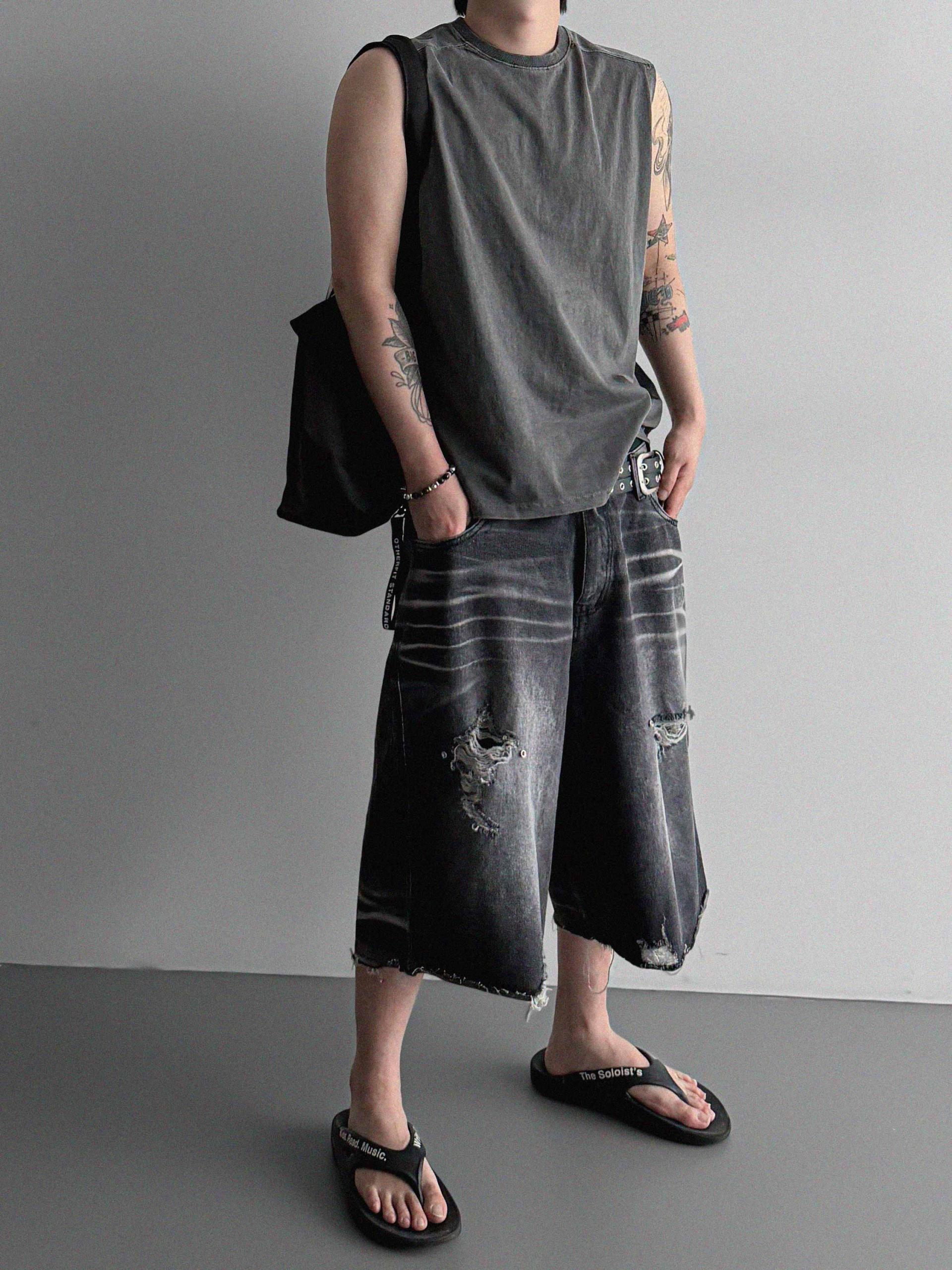 Cubic vintage denim bermuda pants