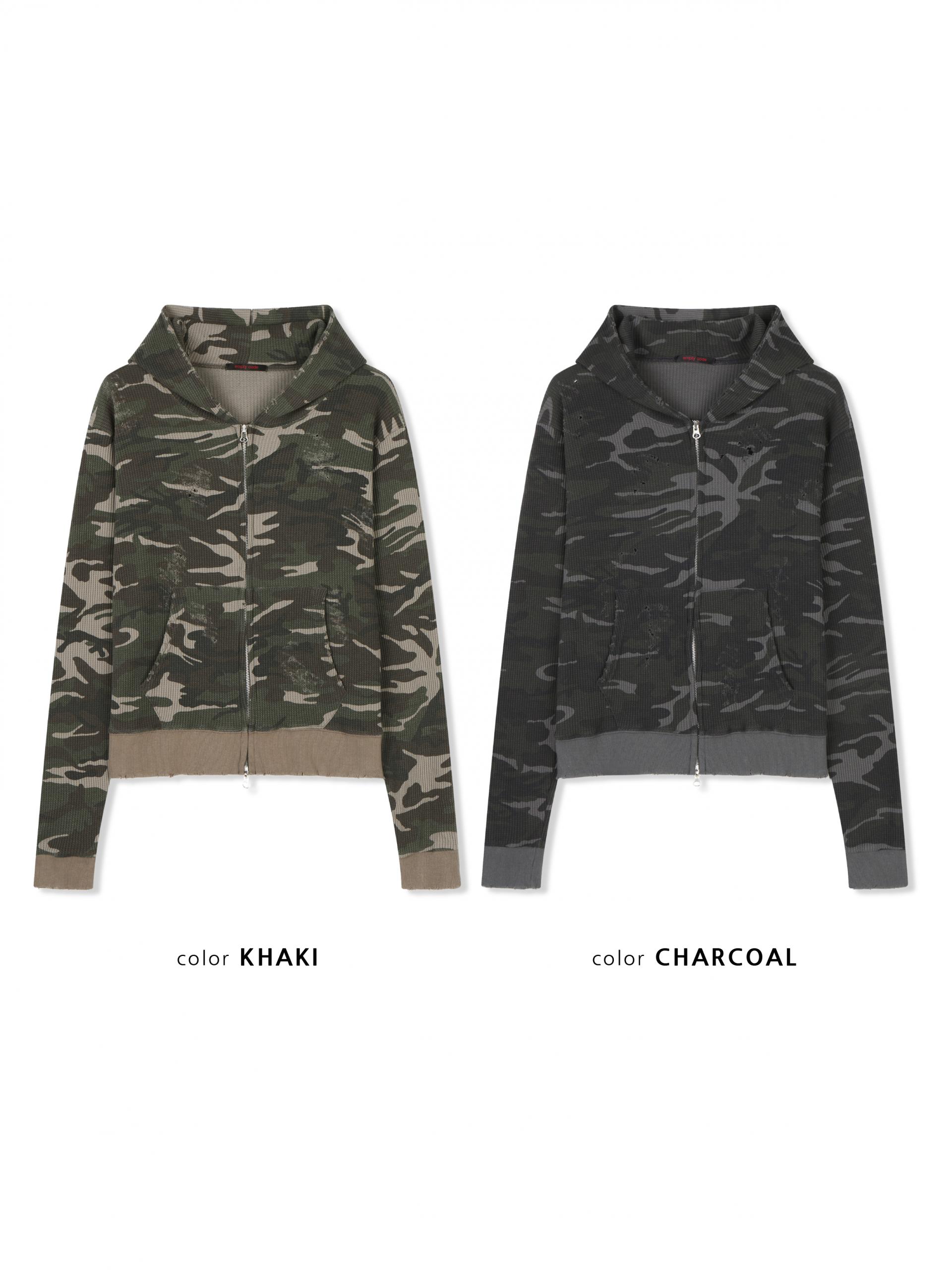 Destroyed camo crop hood zip-up