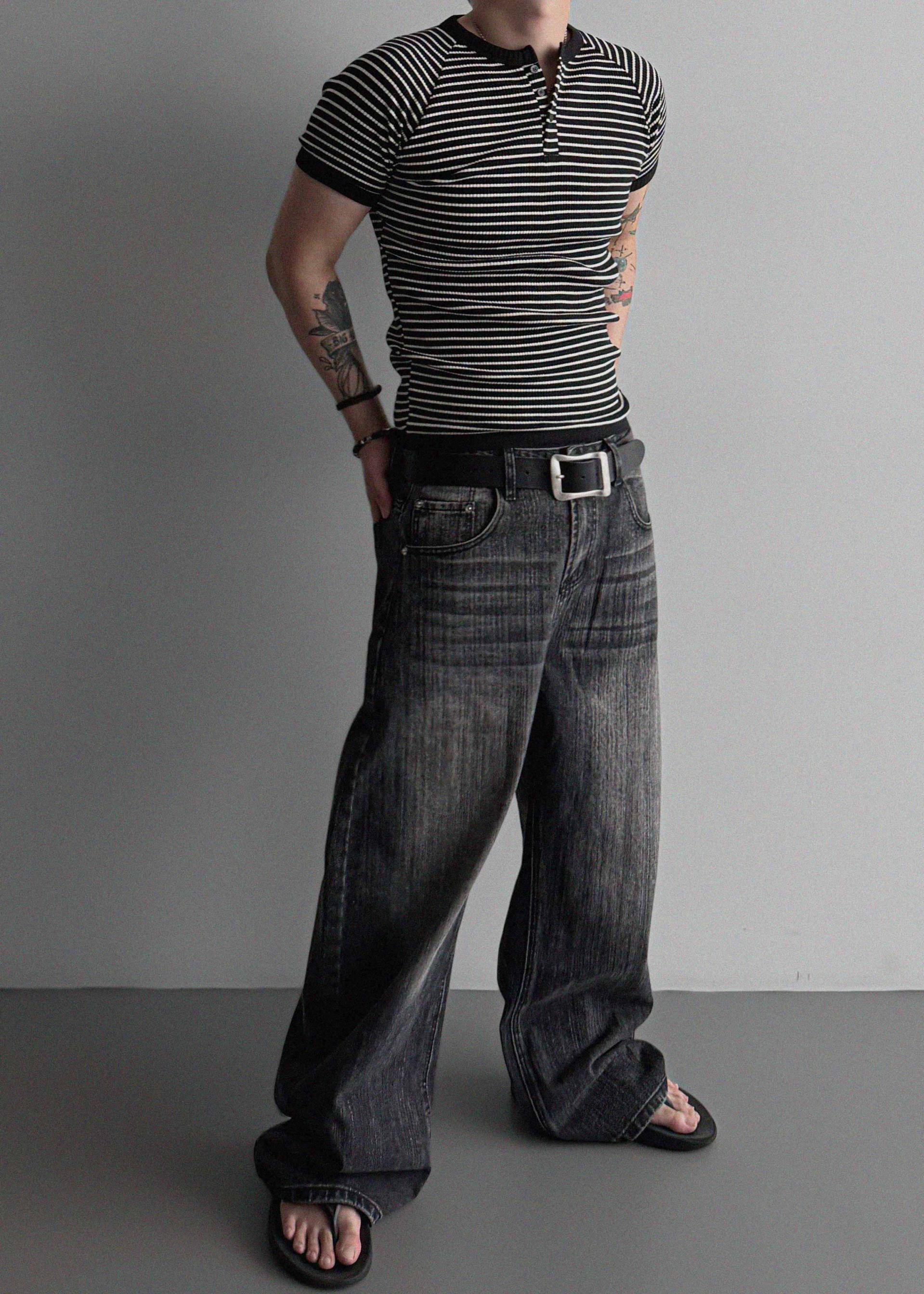 Striped washed curved denim pants