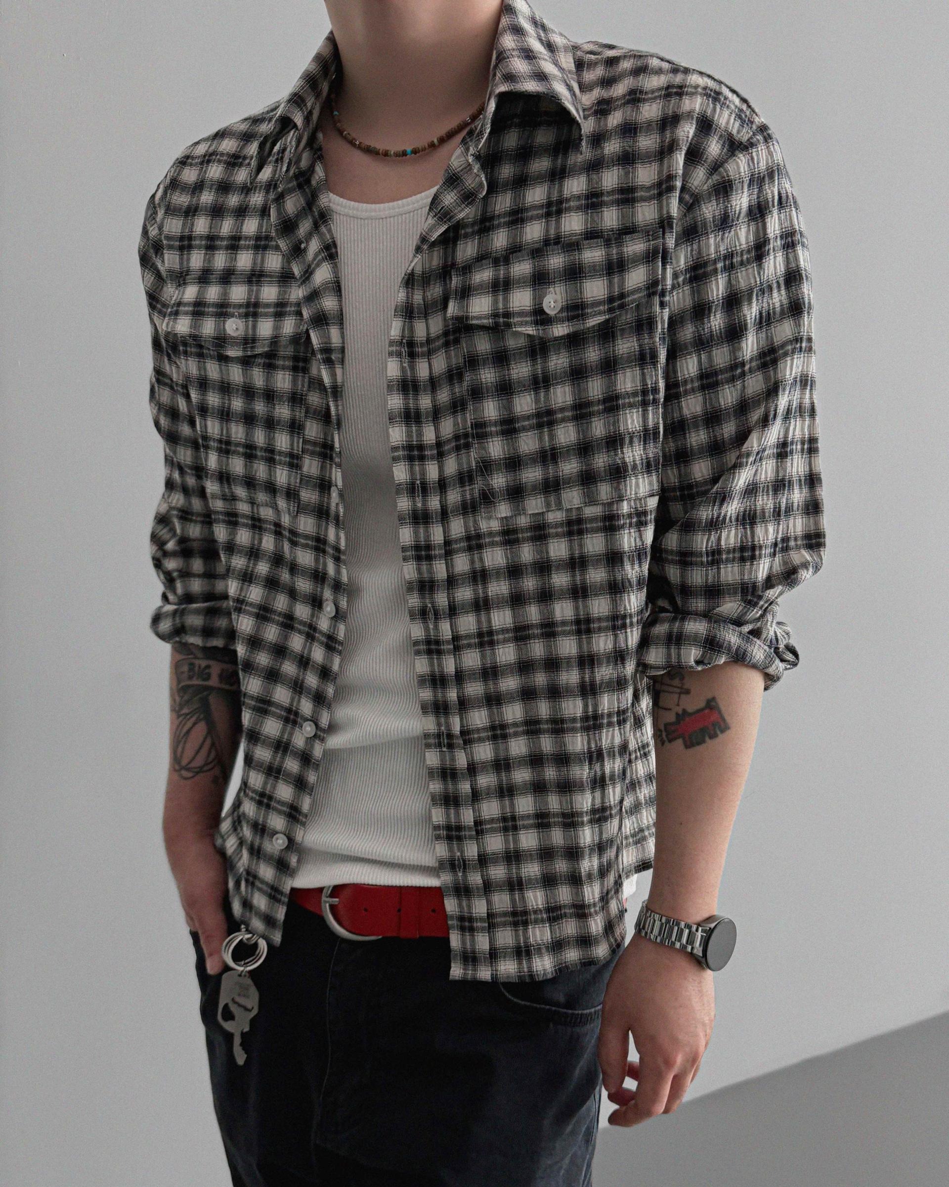 Linen two pocket crop check shirt
