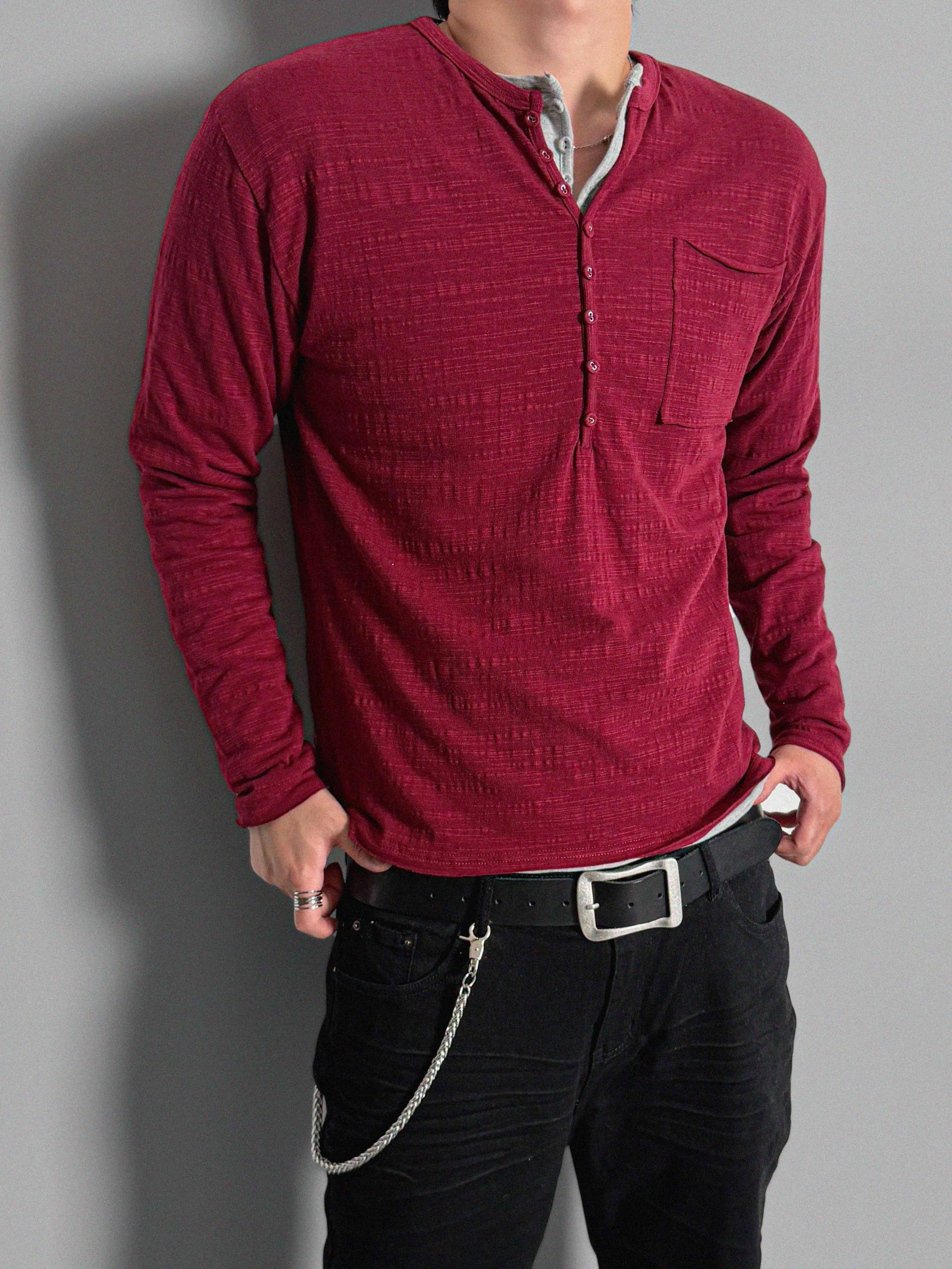 Button slub henley neck slim t