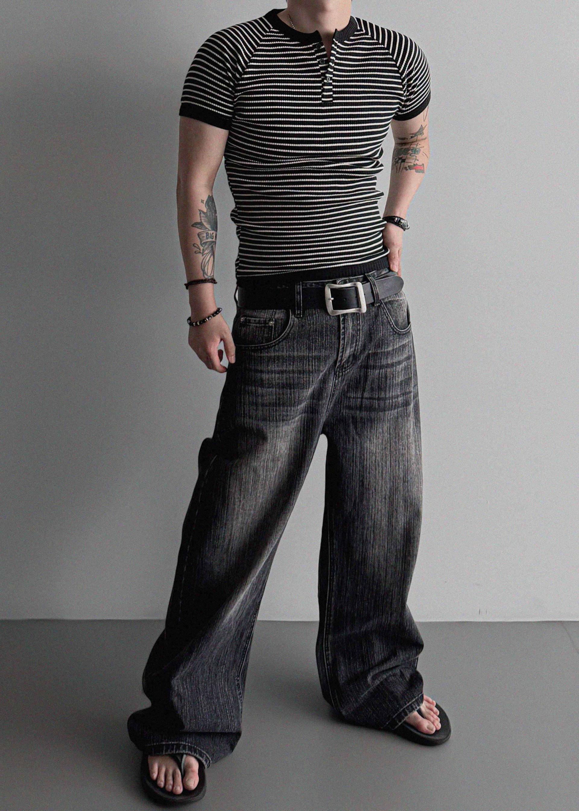 Striped washed curved denim pants