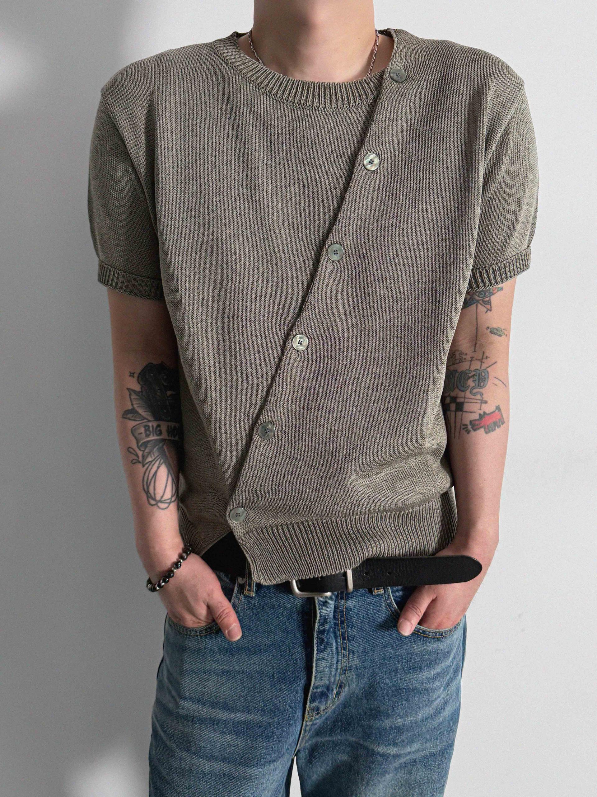 Slit button linen knit