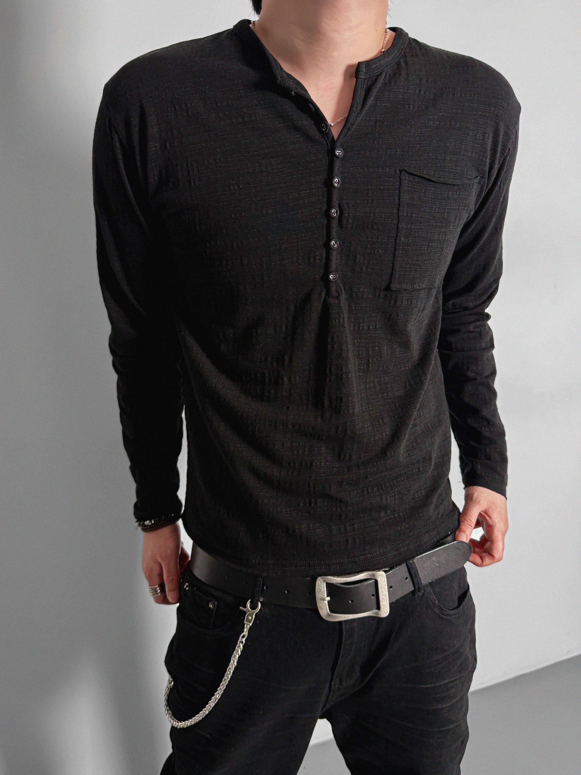 Button slub henley neck slim t