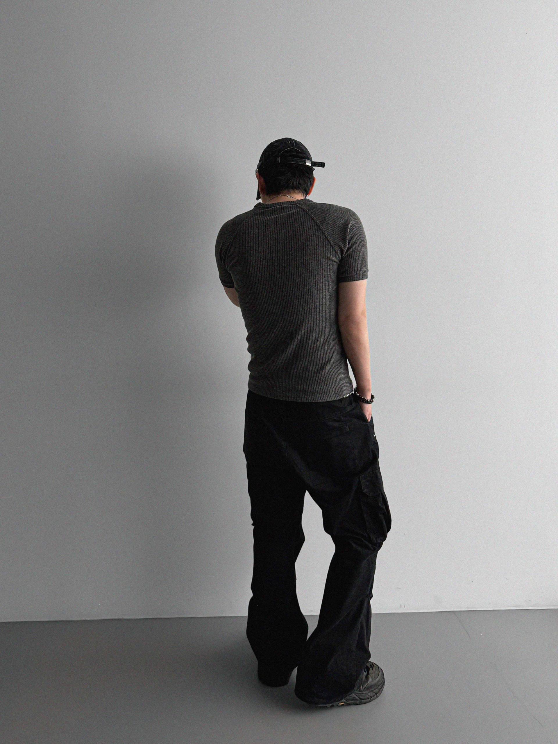 Fold ribbed henley neck muscle half t