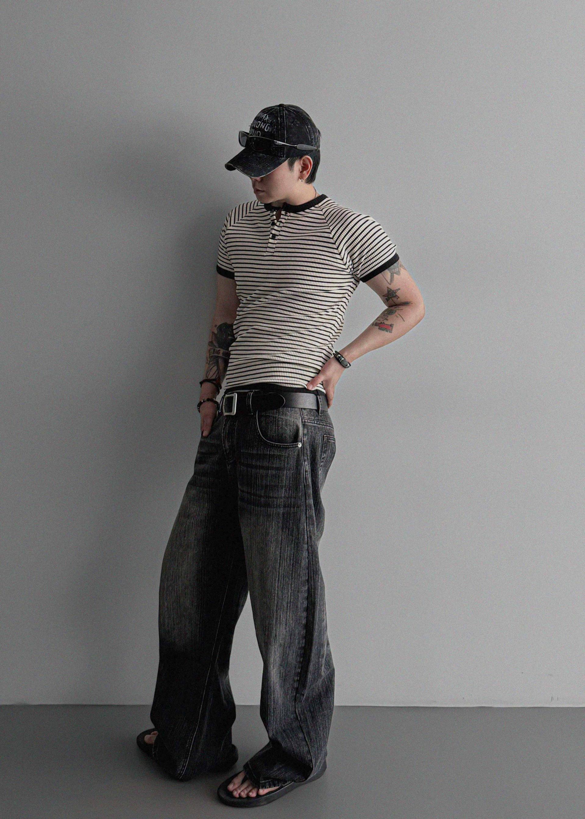 Striped washed curved denim pants