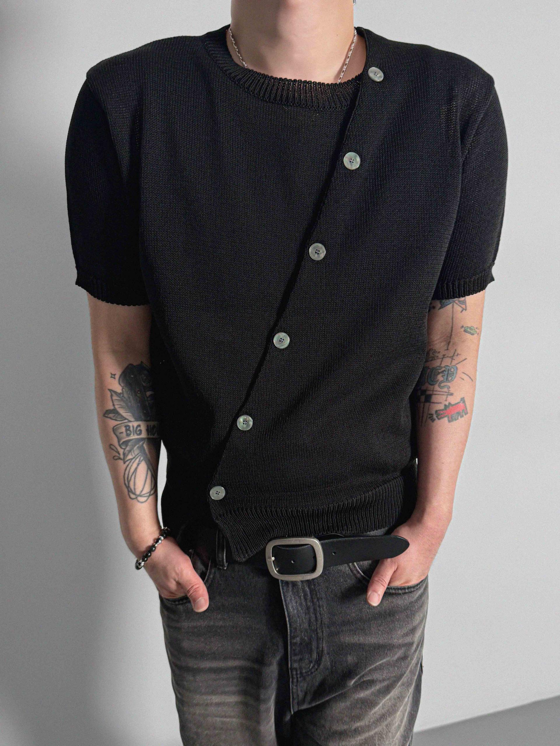Slit button linen knit