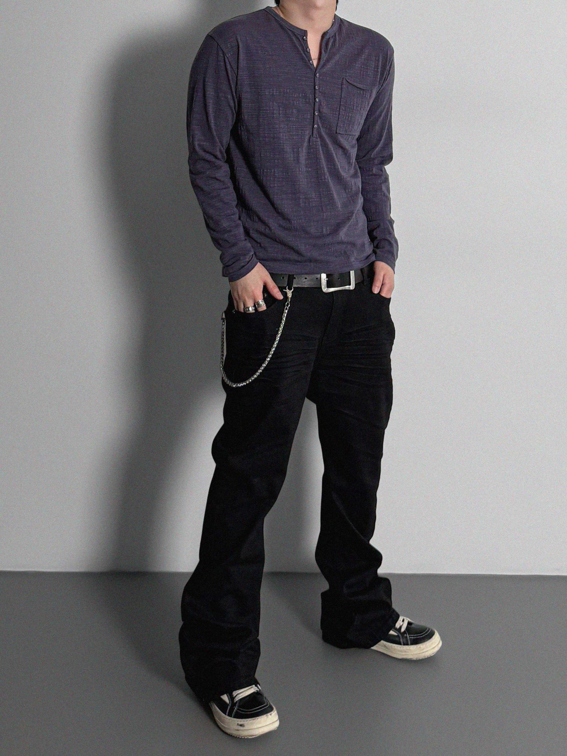 Button slub henley neck slim t